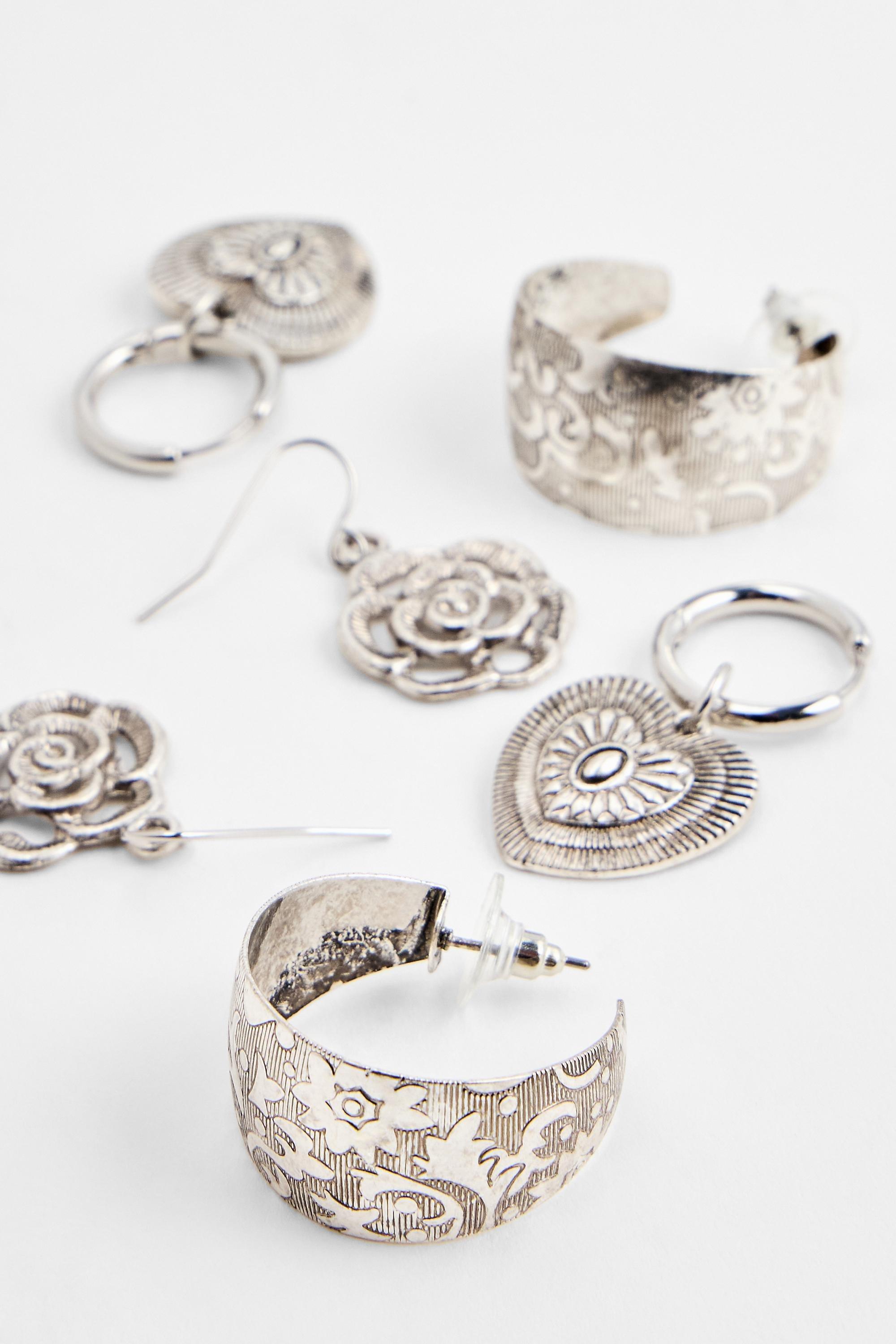 Silver Silence + Noise Etched Rose Earrings Set Of 3, SLVR, large image number 2