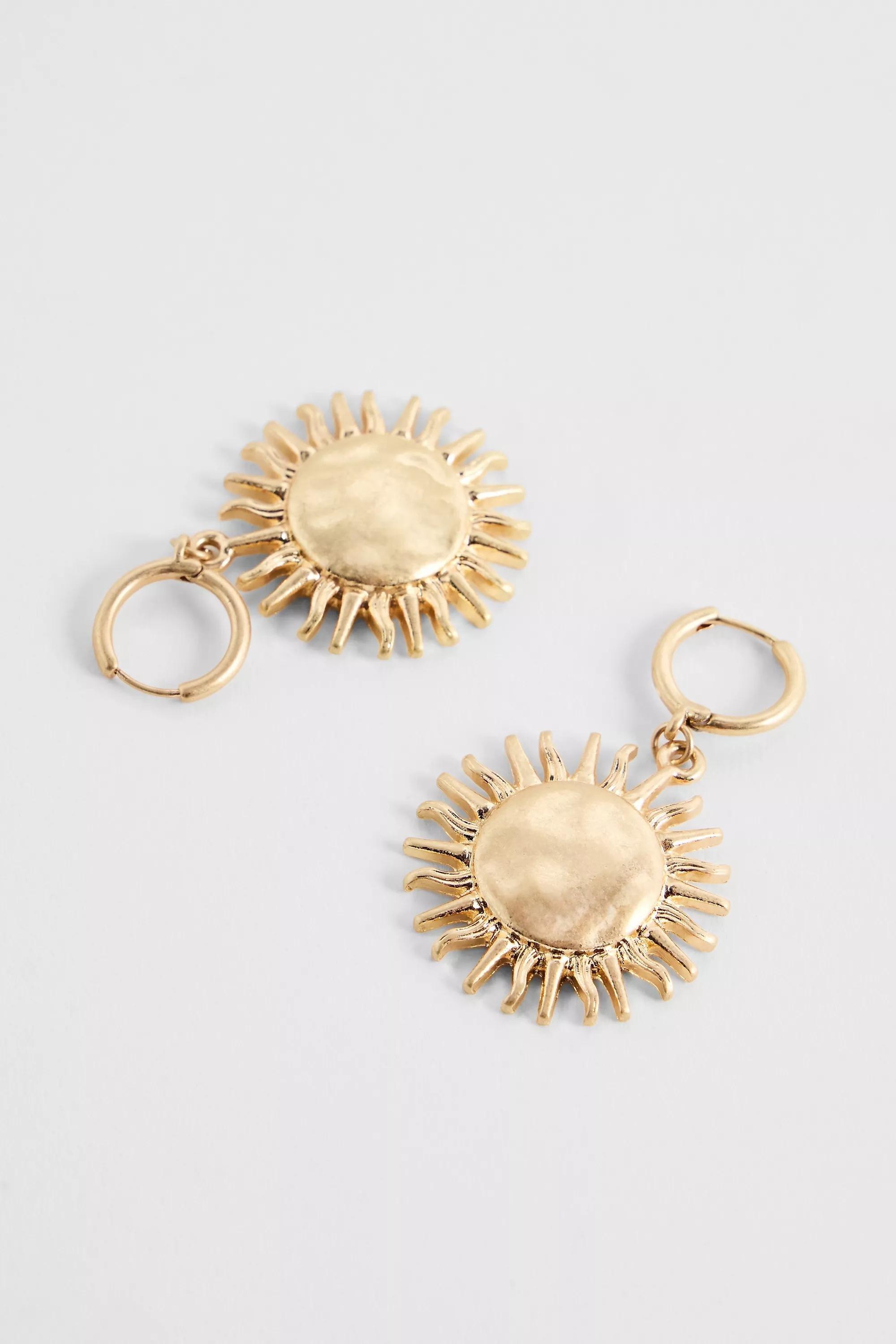 Gold Silence + Noise Hammered Sun Hoop Earrings, GOLD, large image number 2