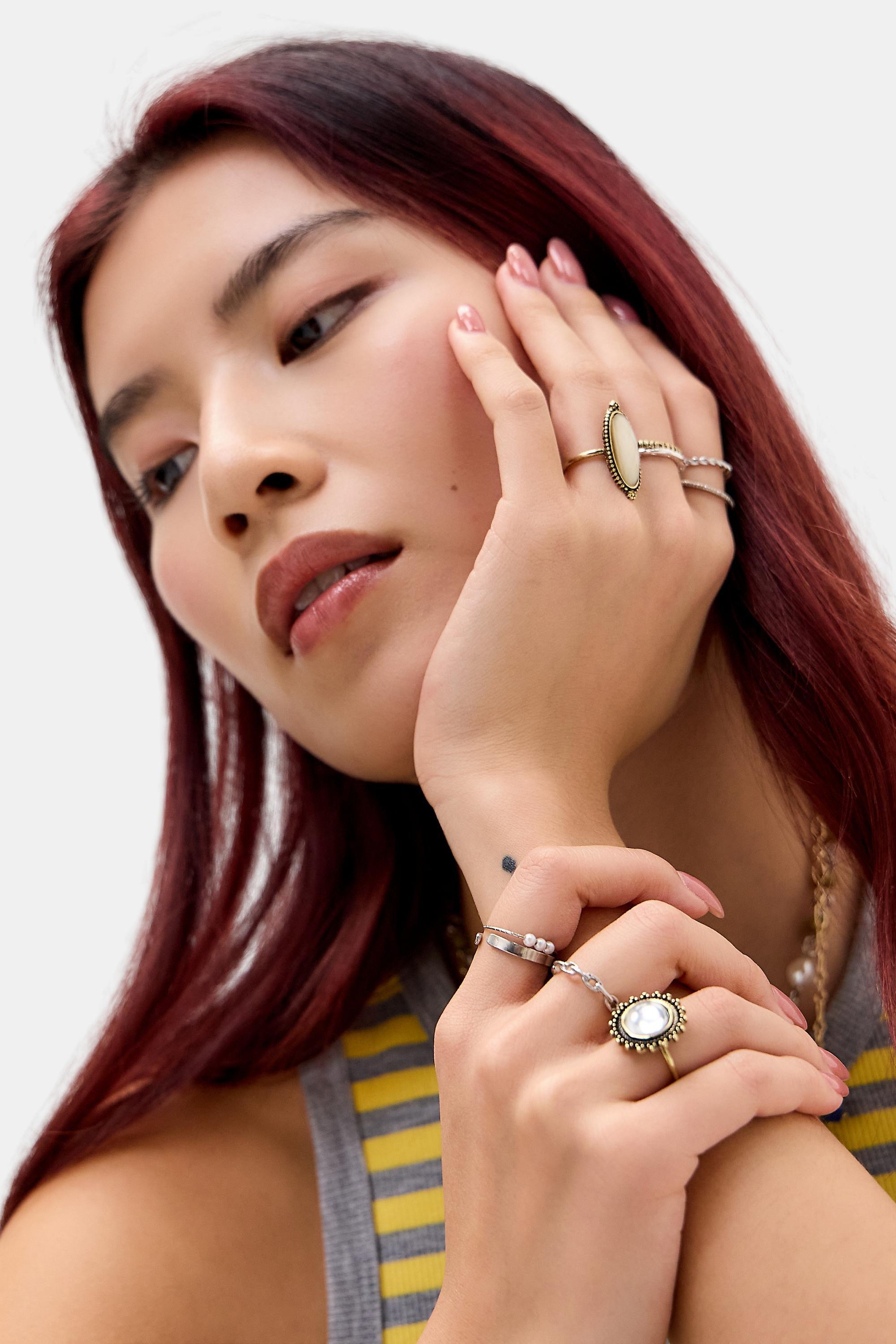 Gold Silence + Noise Ornate Gem Rings, Set Of 5, GOLD, medium