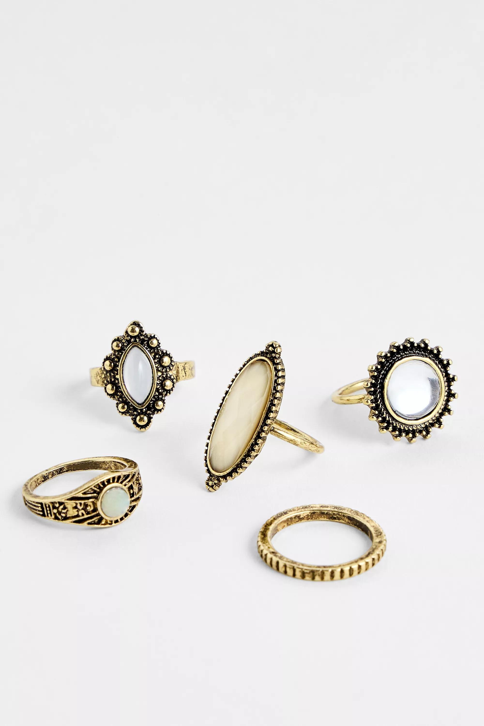 Gold Silence + Noise Ornate Gem Rings, Set Of 5, GOLD, medium