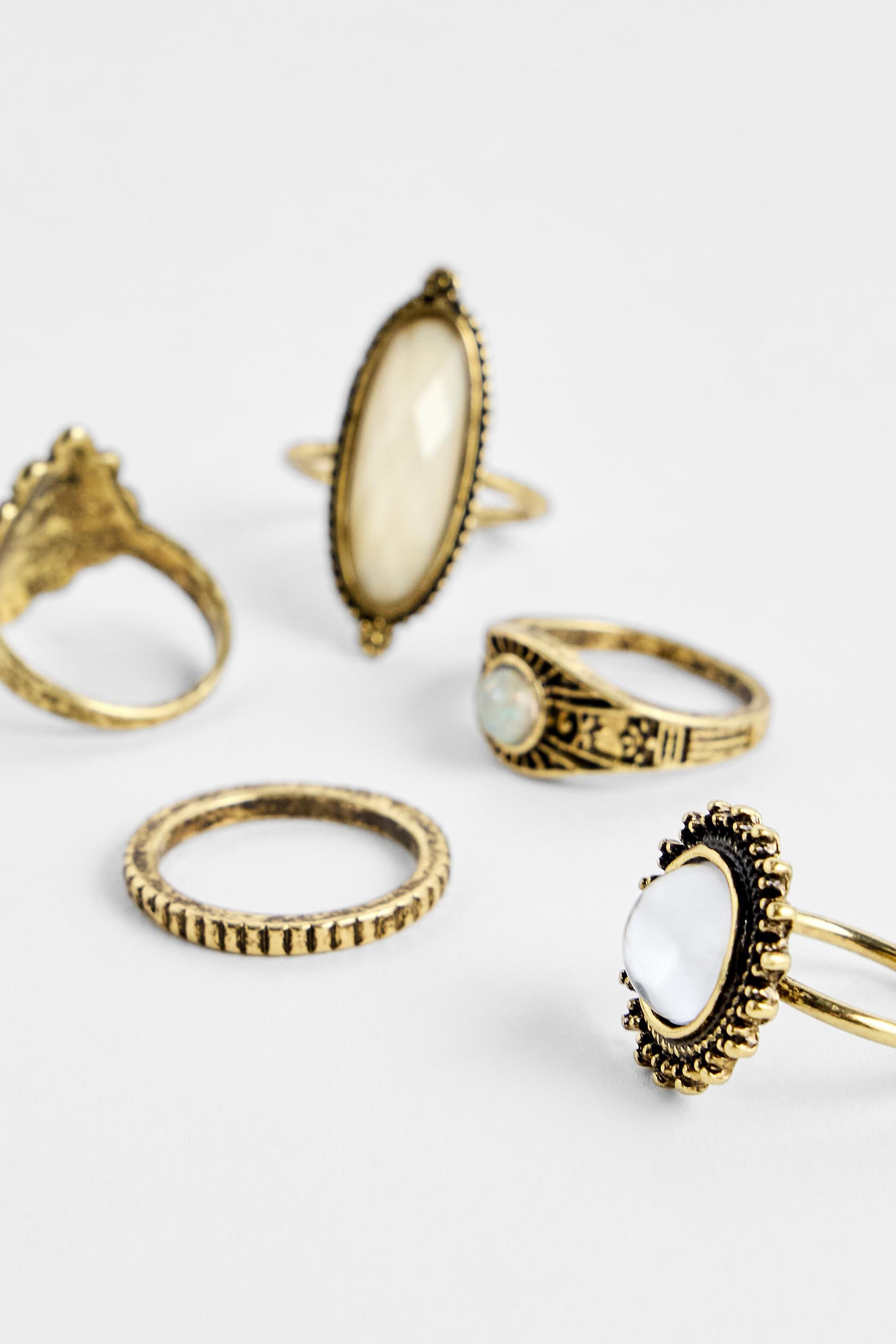 Gold Silence + Noise Ornate Gem Rings, Set Of 5, GOLD, medium