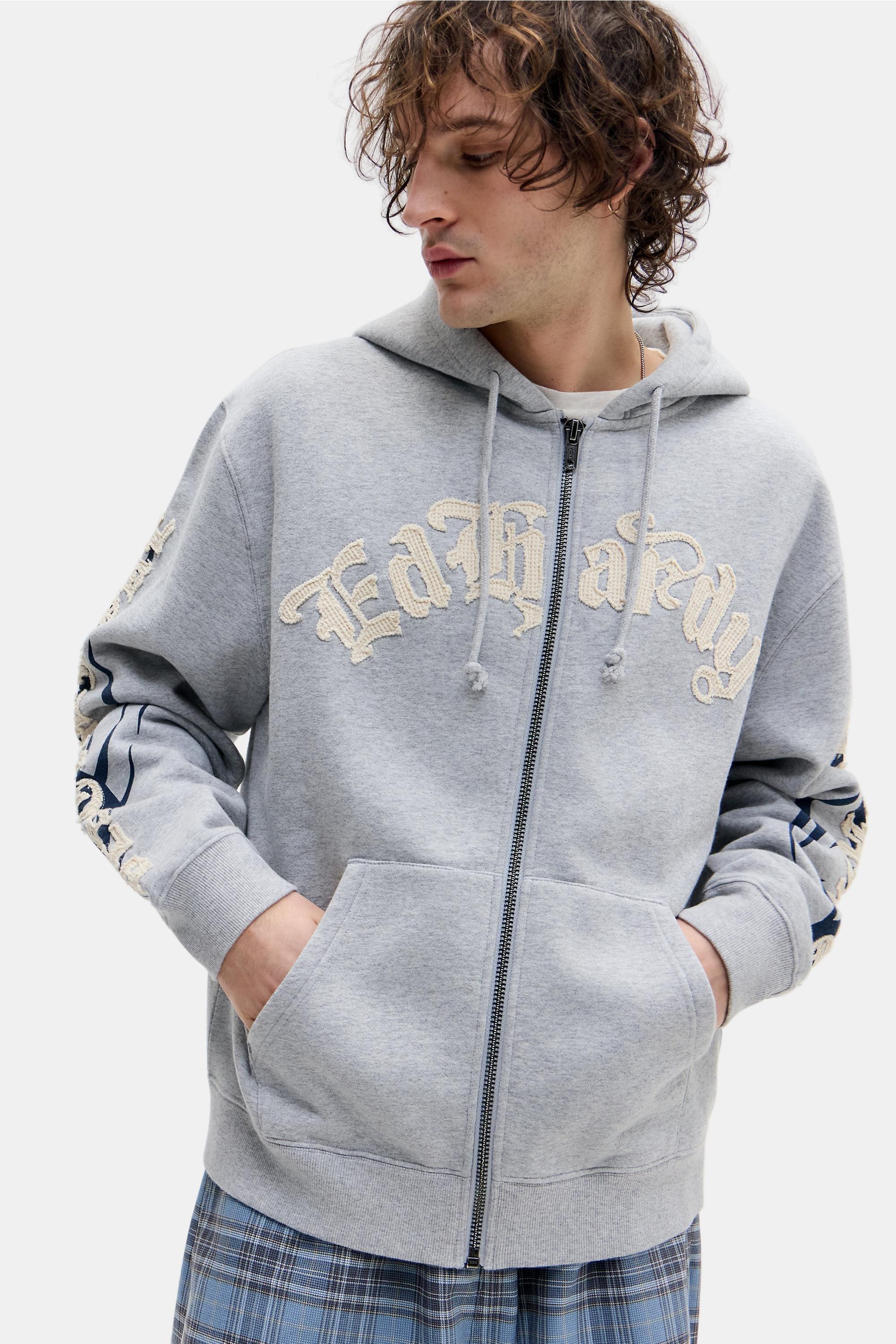 Grey Ed Hardy Grey Marl Applique Tattoo Hoodie, GREY, large image number 0