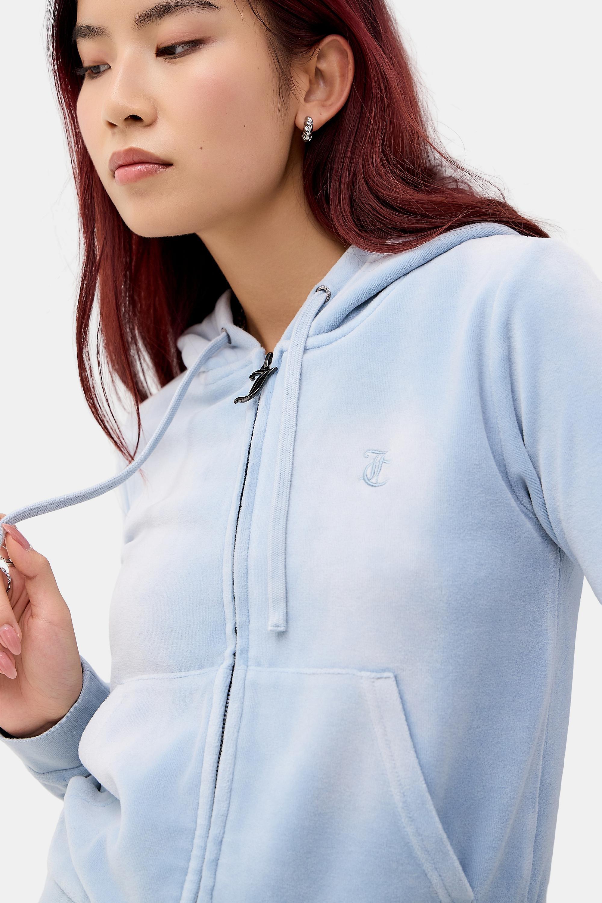 BLUE Juicy Couture UO Exclusive Washed Blue Velour Hoodie, BLUE, medium