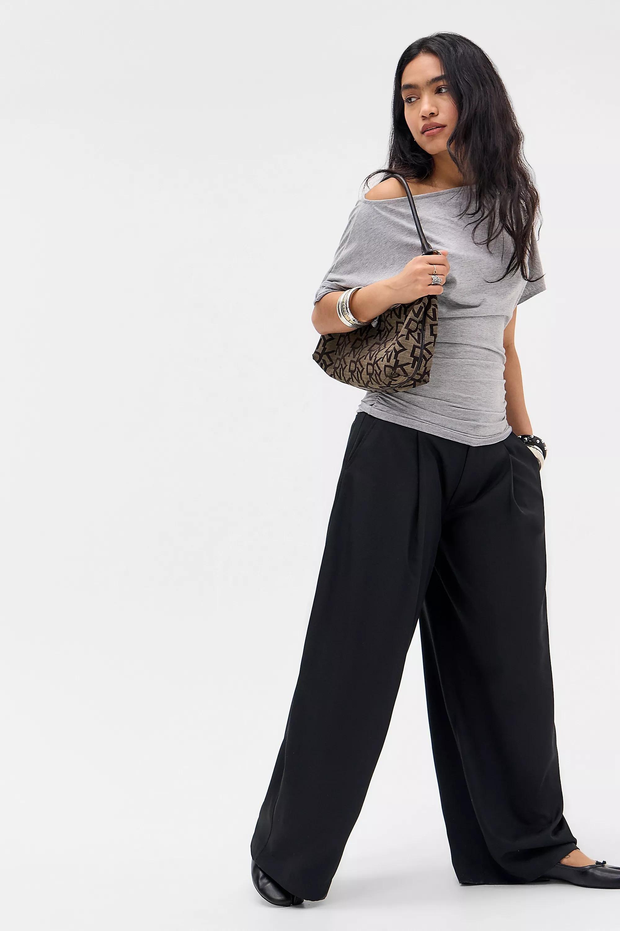 Grey Silence + Noise Slash Neck Ruched Waist T-Shirt, GREY, large image number 2