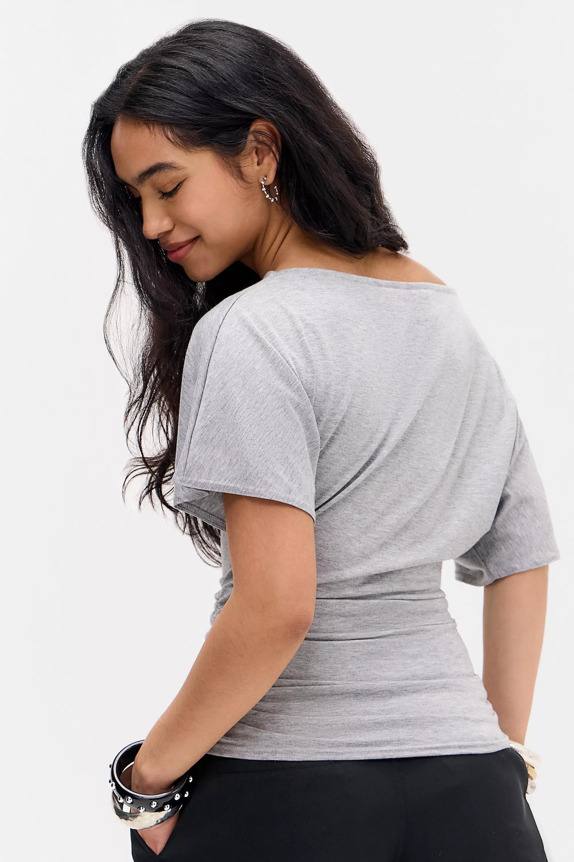 Grey Silence + Noise Slash Neck Ruched Waist T-Shirt, GREY, large image number 3
