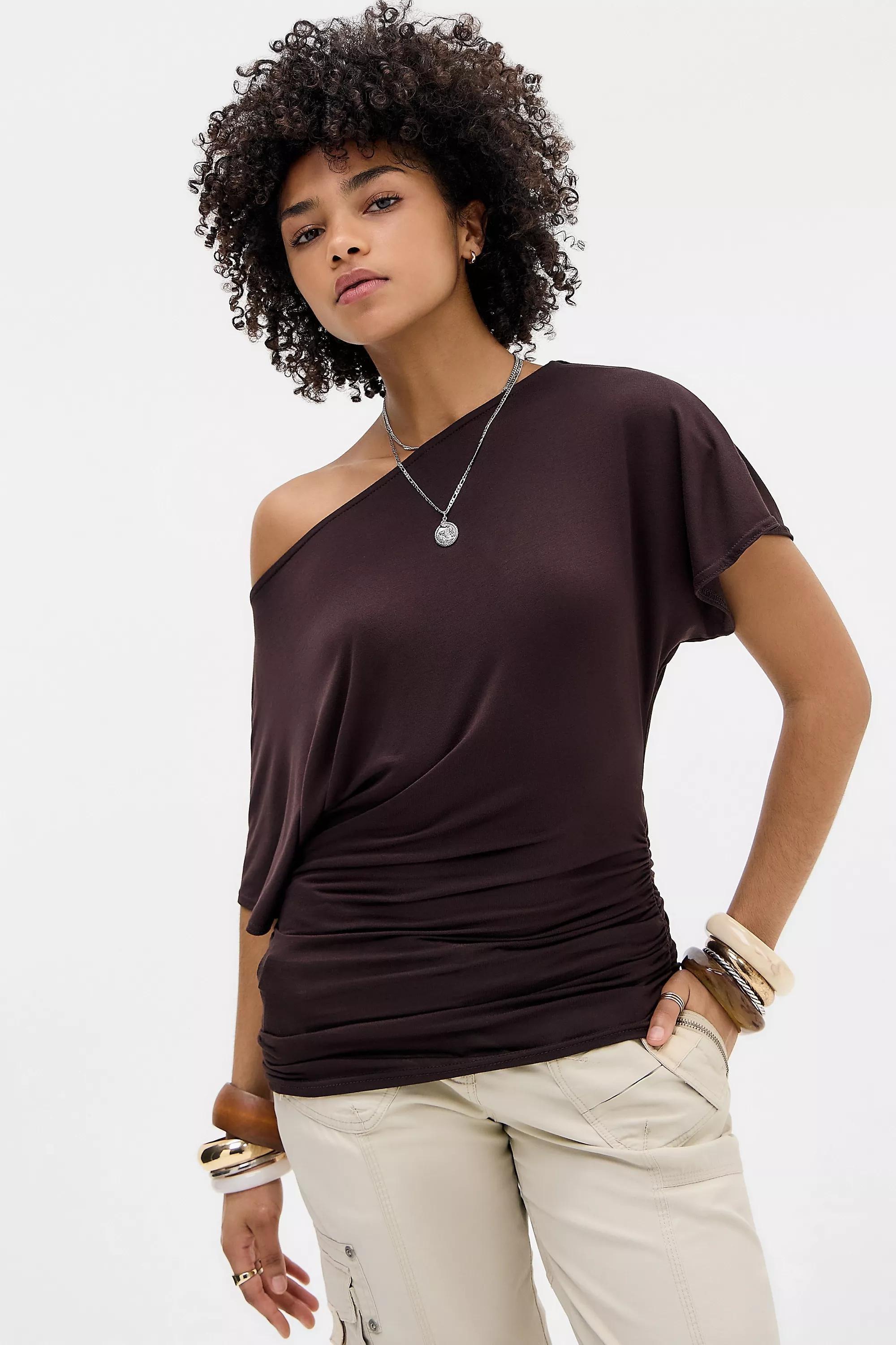 Brown Silence + Noise Slash Neck Ruched Waist T-Shirt, BRN, large image number 0