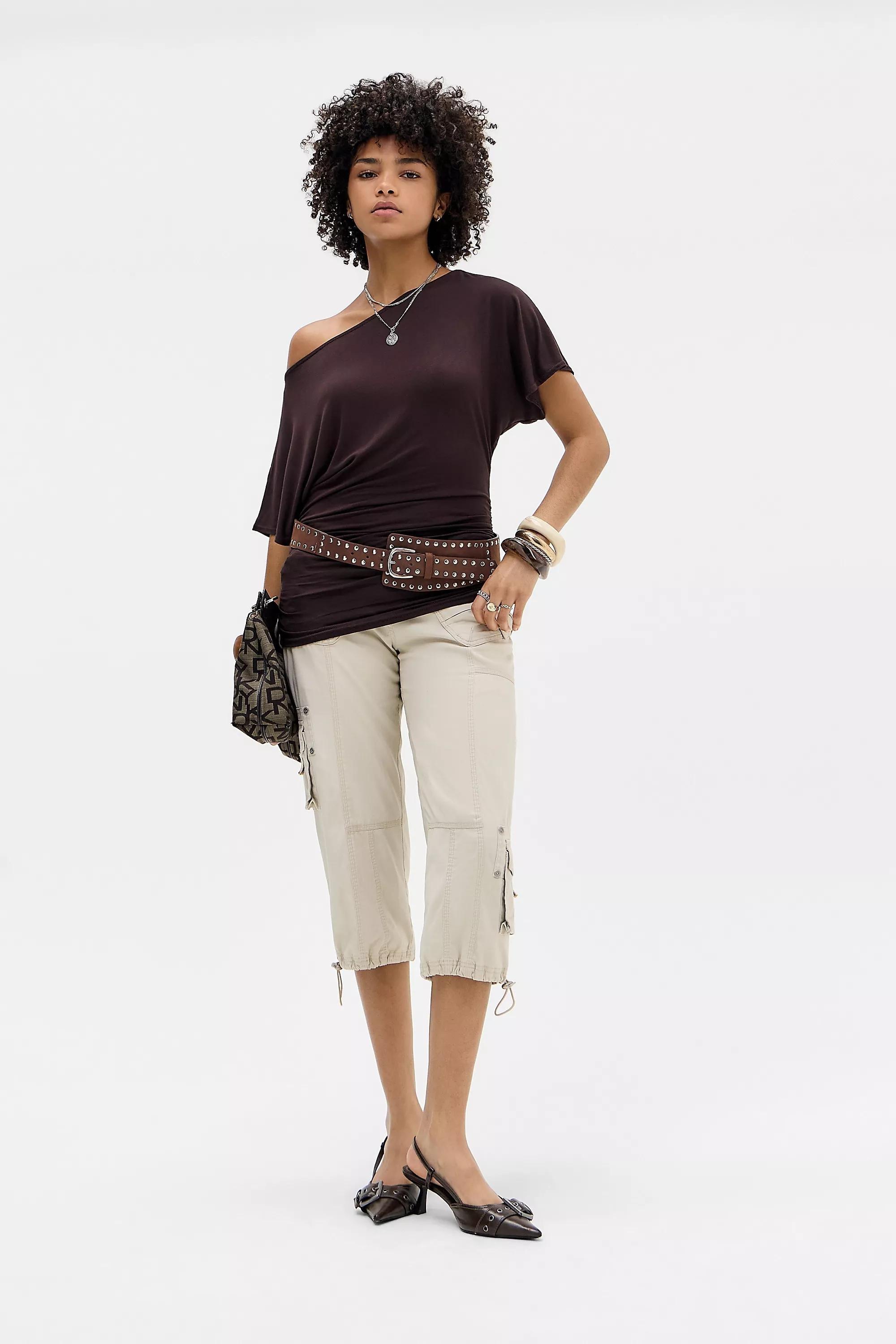 Brown Silence + Noise Slash Neck Ruched Waist T-Shirt, BRN, large image number 1