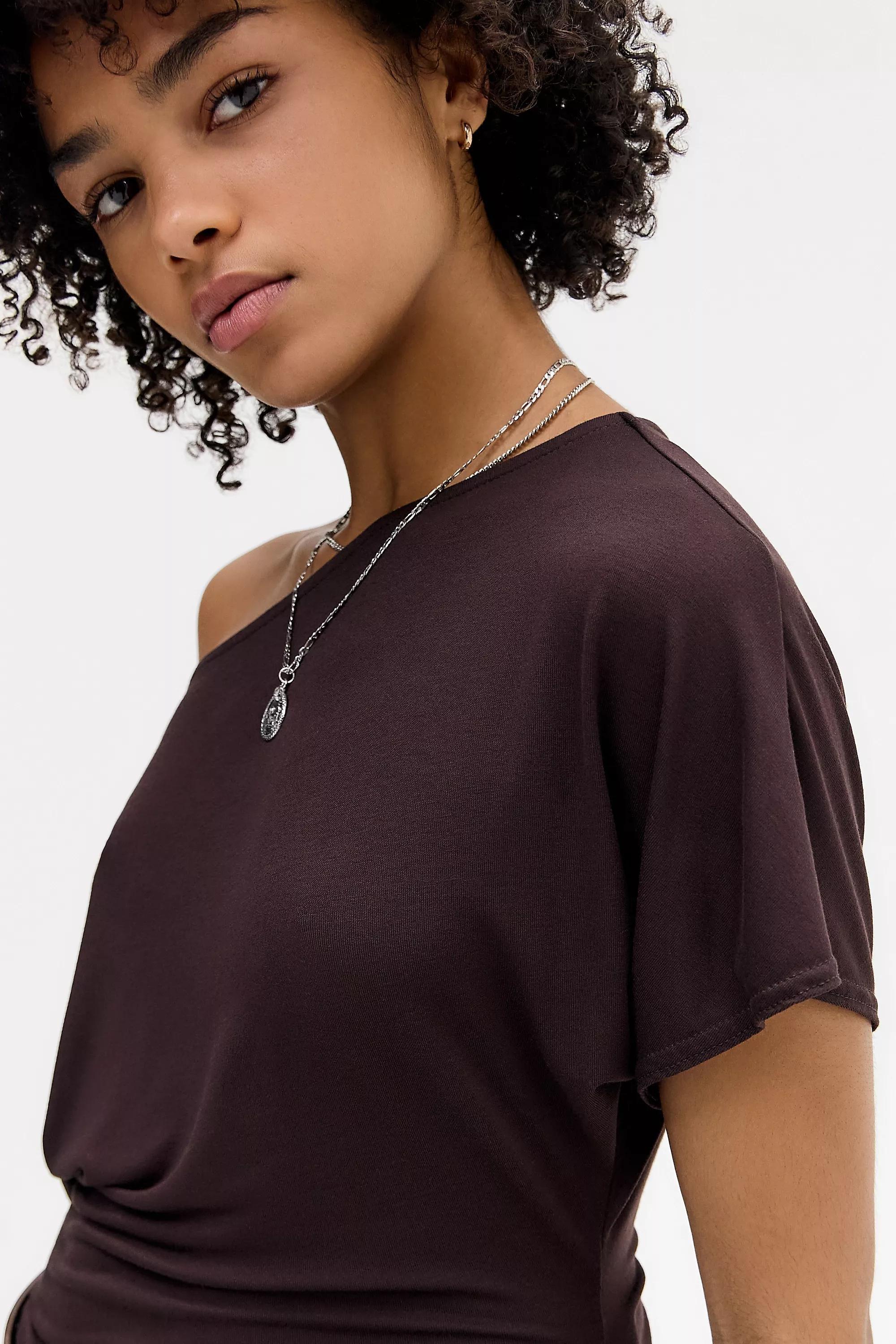 Brown Silence + Noise Slash Neck Ruched Waist T-Shirt, BRN, large image number 2