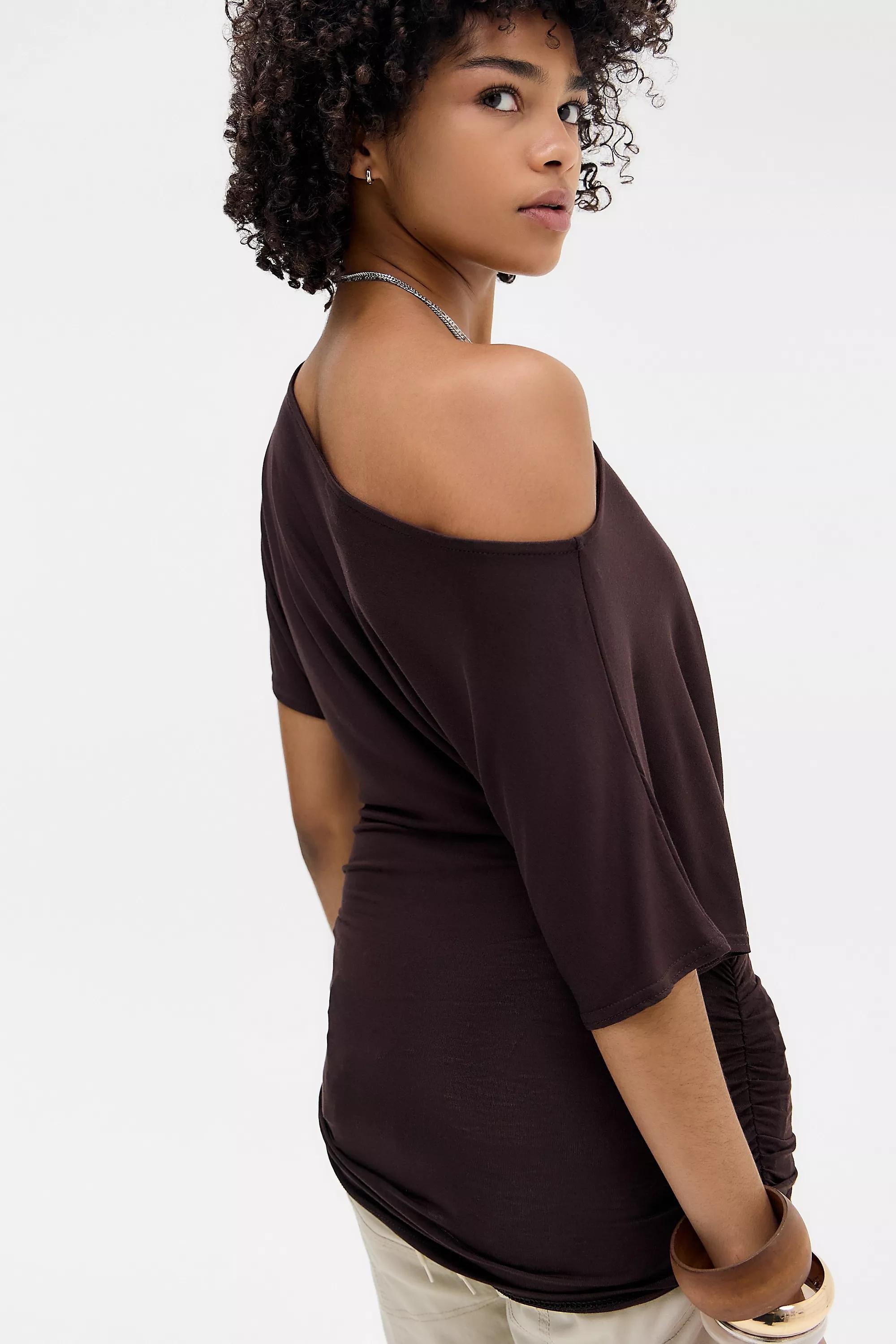 Brown Silence + Noise Slash Neck Ruched Waist T-Shirt, BRN, large image number 3