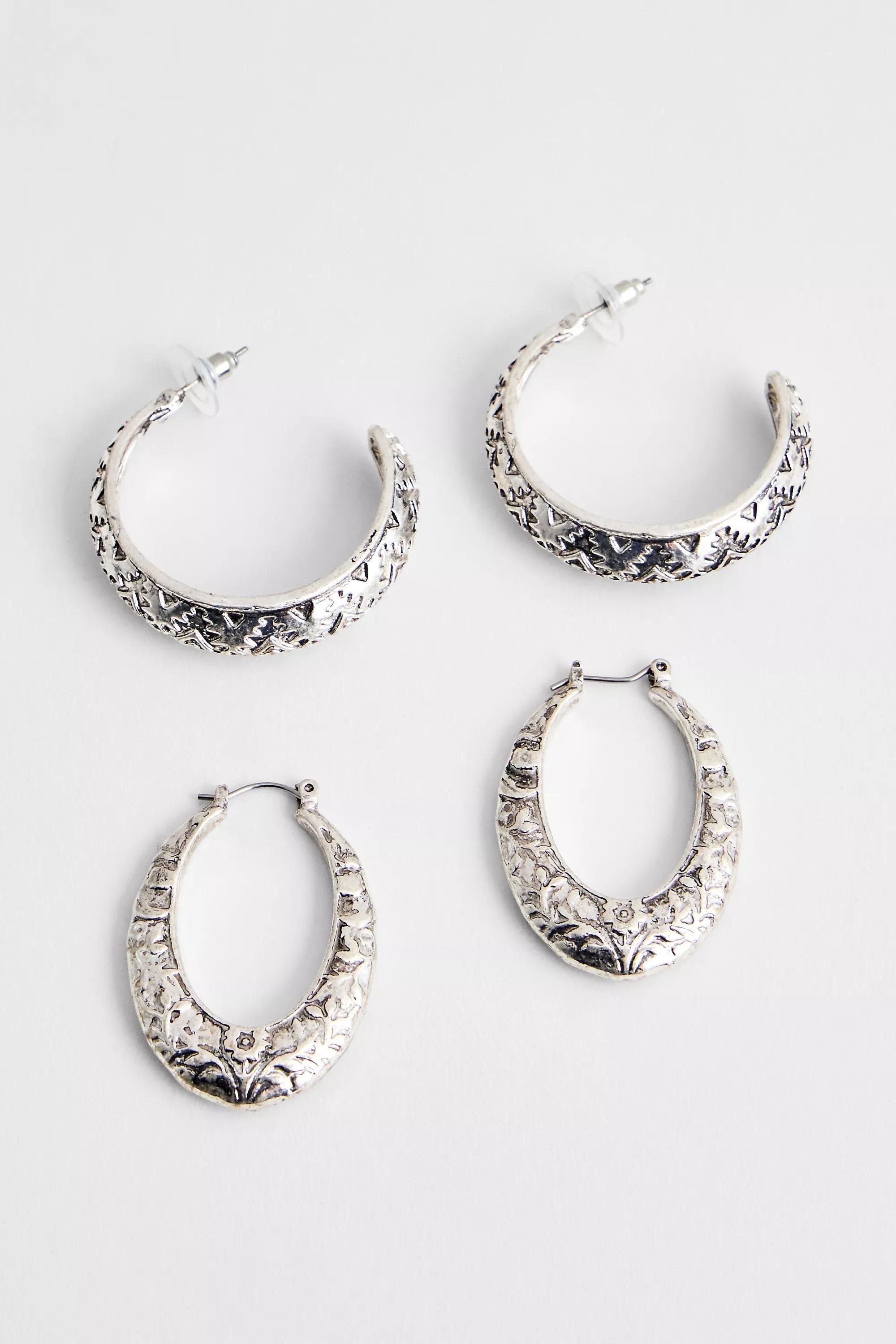 Silver Silence + Noise Metal Etched Hoop Earrings Set Of 2, SLVR, medium