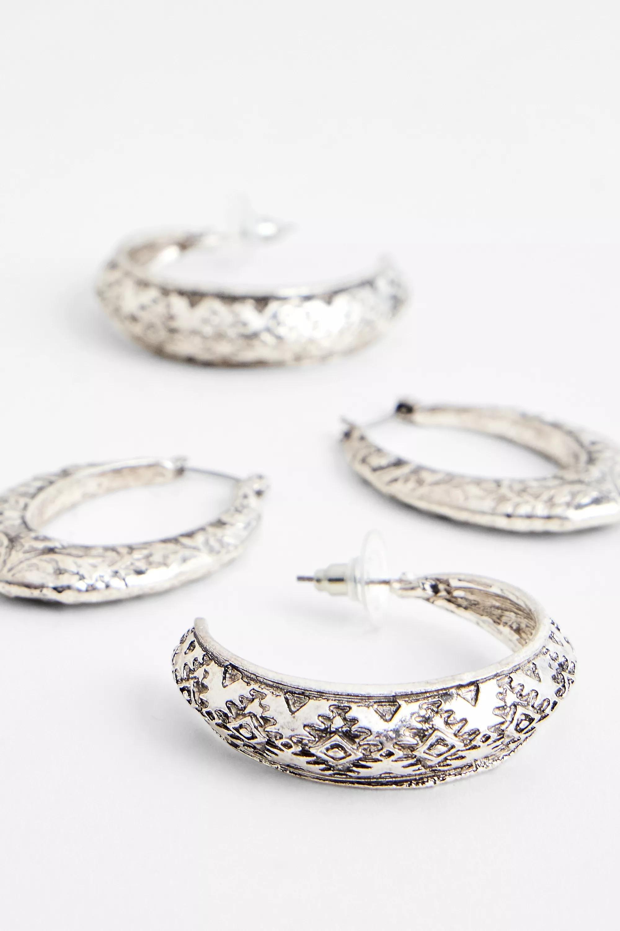 Silver Silence + Noise Metal Etched Hoop Earrings Set Of 2, SLVR, medium