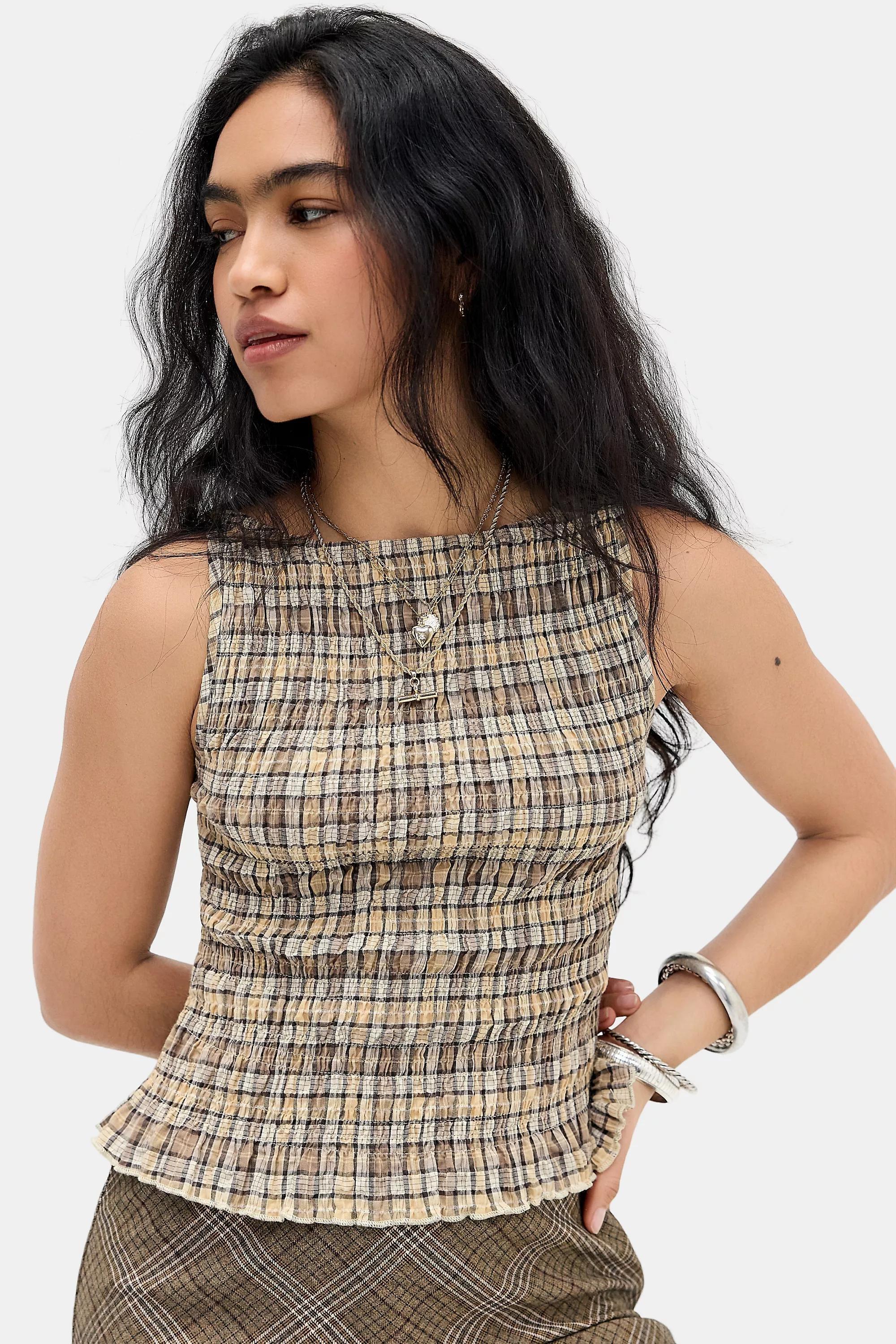 Brown Daisy Street Uo Exclusive Shirred Top, BRN, medium