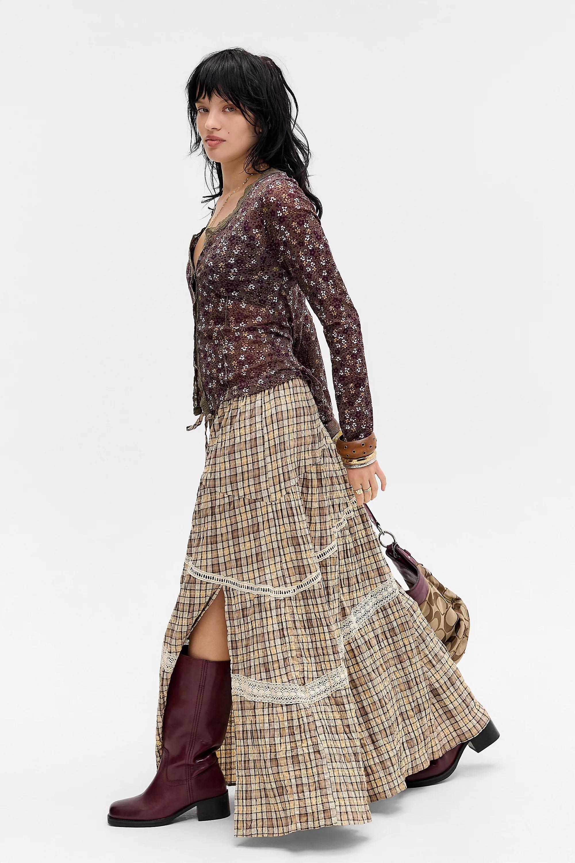 Brown Daisy Street Mid Rise Asymmetric Tiered Skirt, BRN, large image number 1