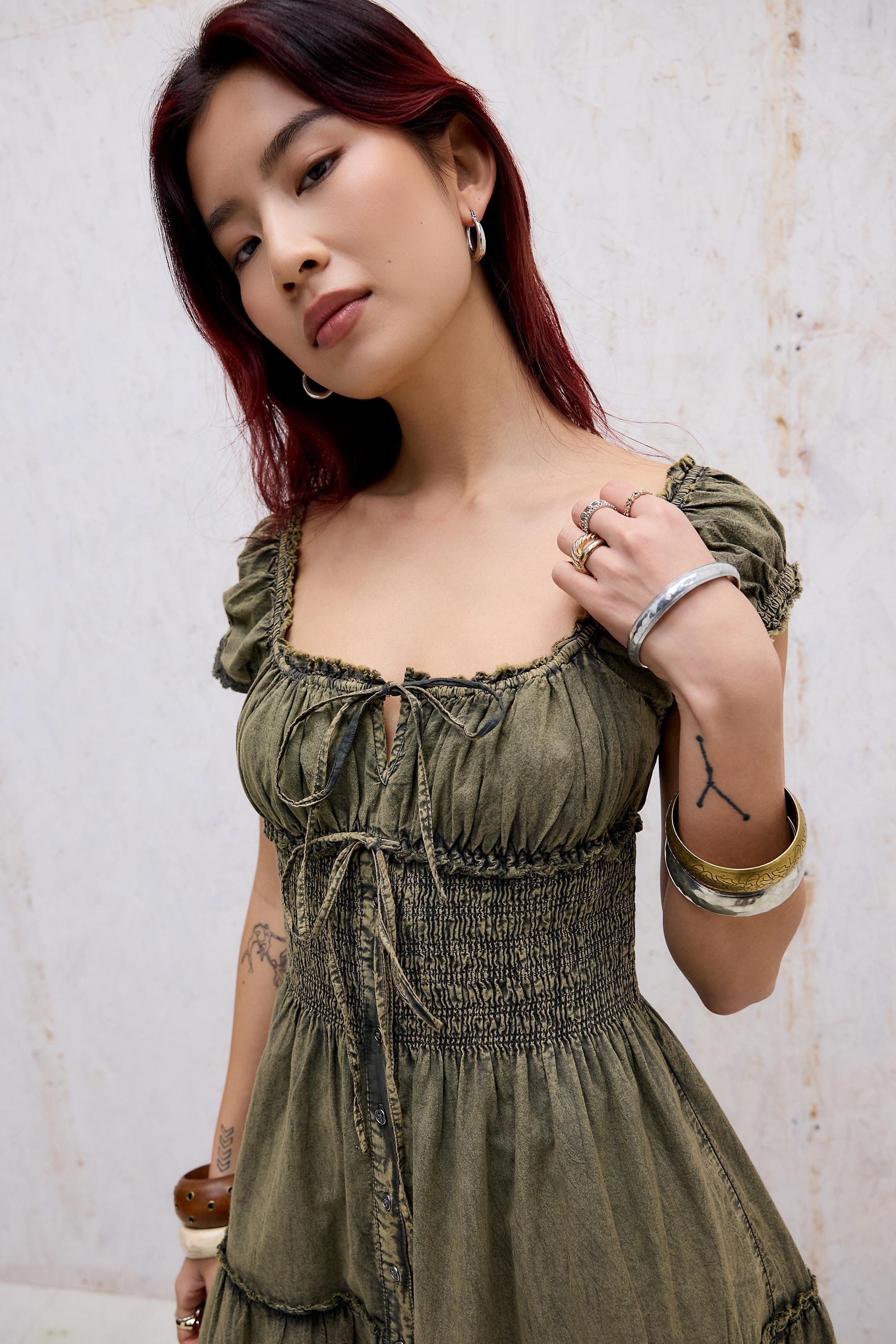DARK GREEN Kimchi Blue Samira Acid Wash Awkward Midi Dress, D GREEN, medium