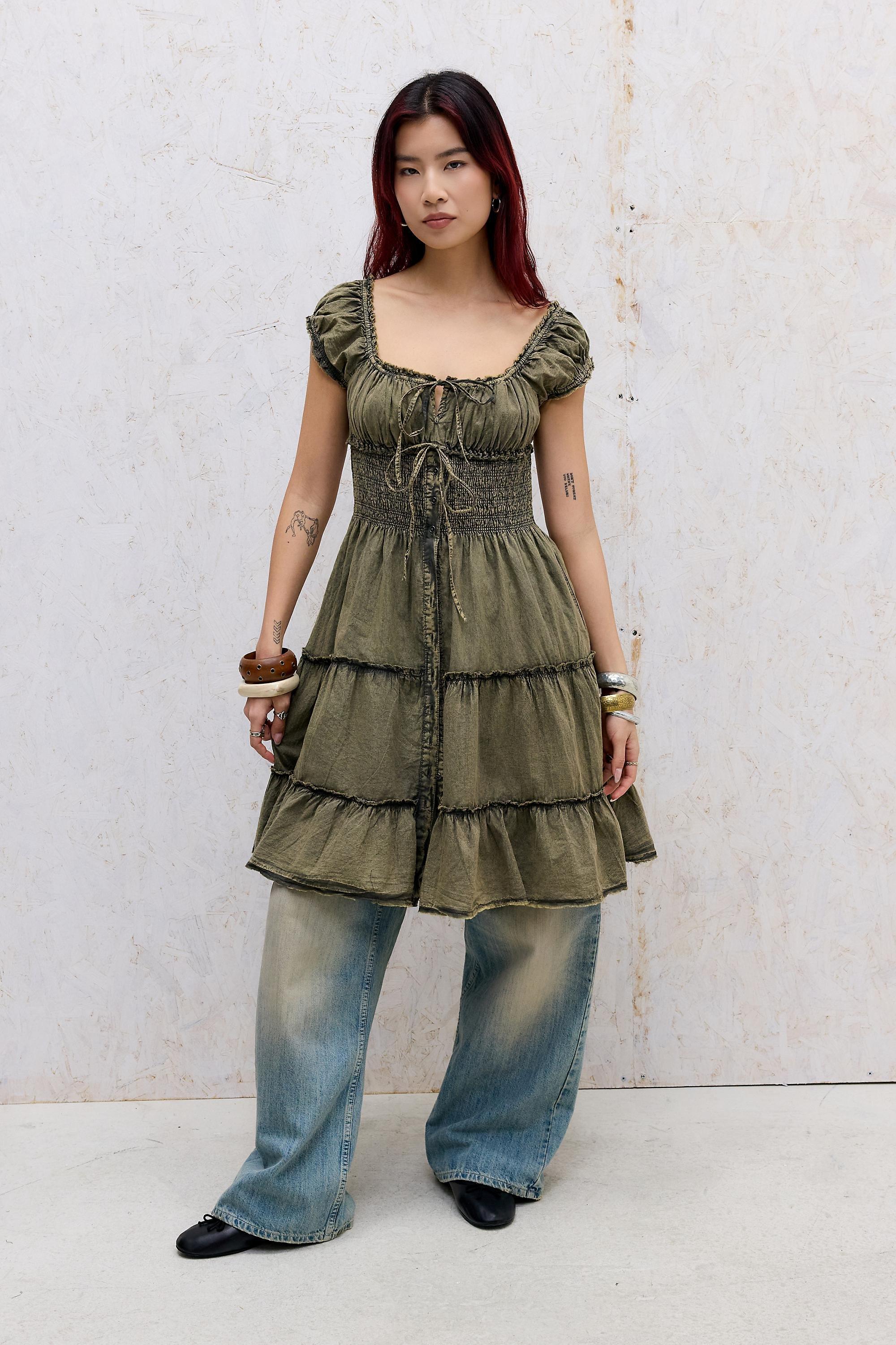 DARK GREEN Kimchi Blue Samira Acid Wash Awkward Midi Dress, D GREEN, medium