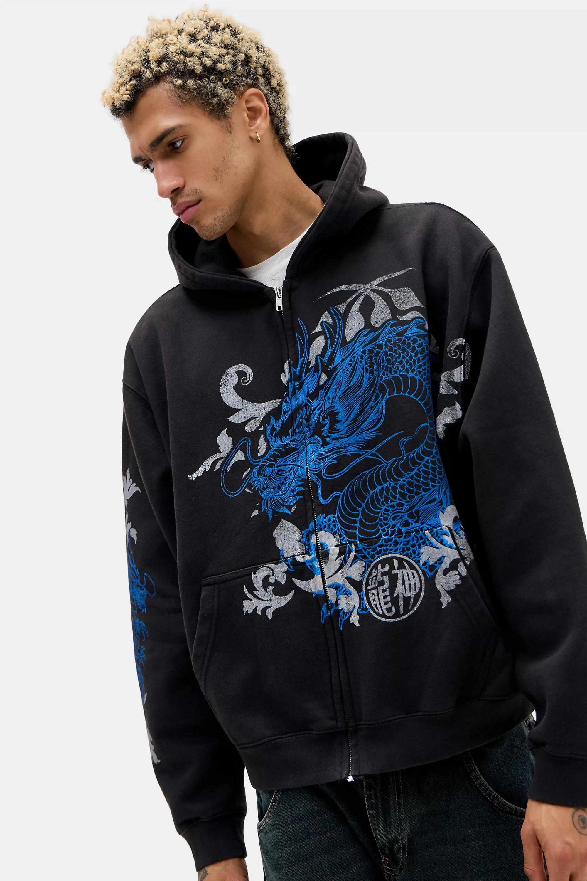 Black Uo Washed Black Dragon Zip-Through Hoodie, BLK, large image number 0