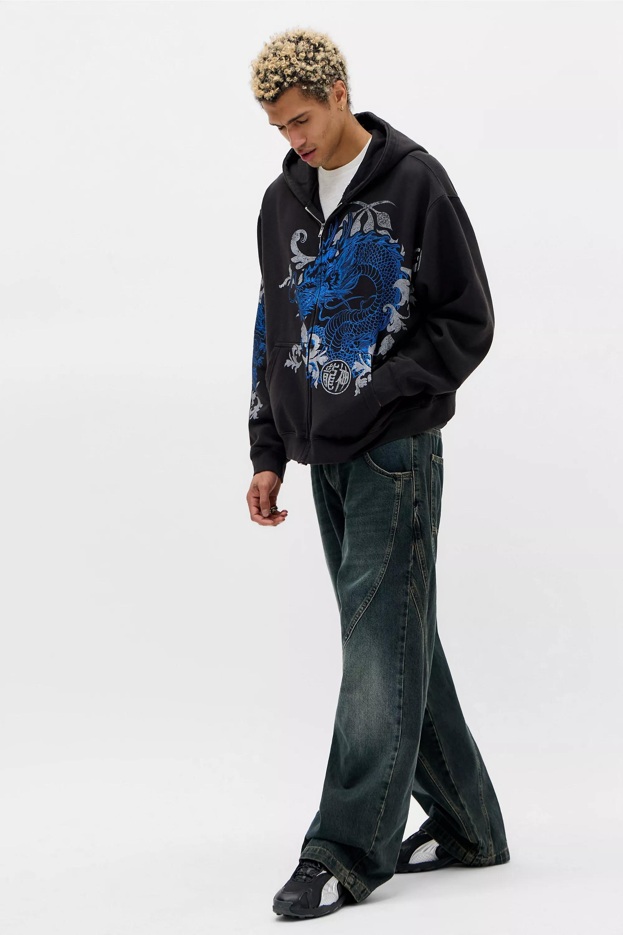 Black Uo Washed Black Dragon Zip-Through Hoodie, BLK, large image number 1