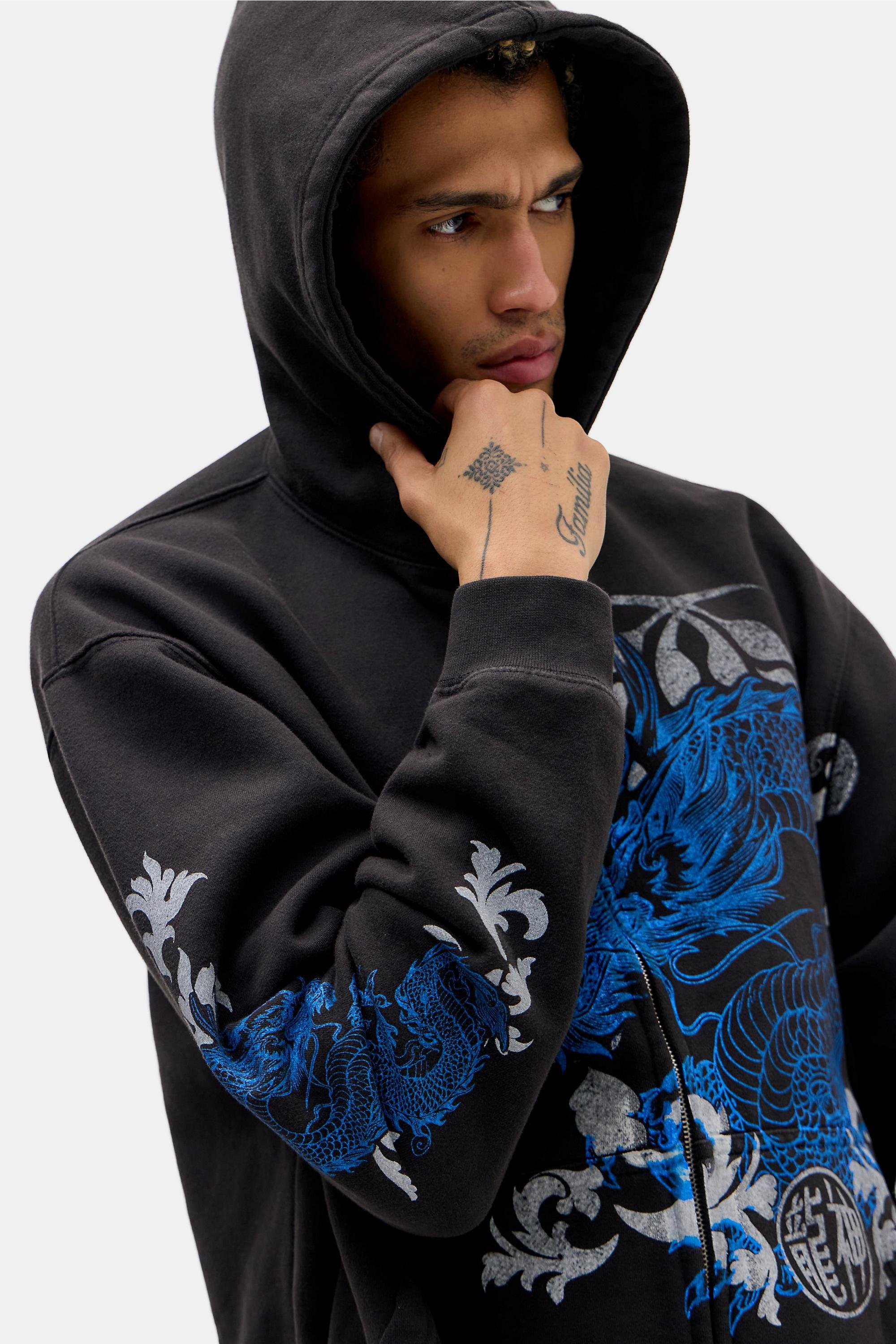 Black Uo Washed Black Dragon Zip-Through Hoodie, BLK, large image number 2