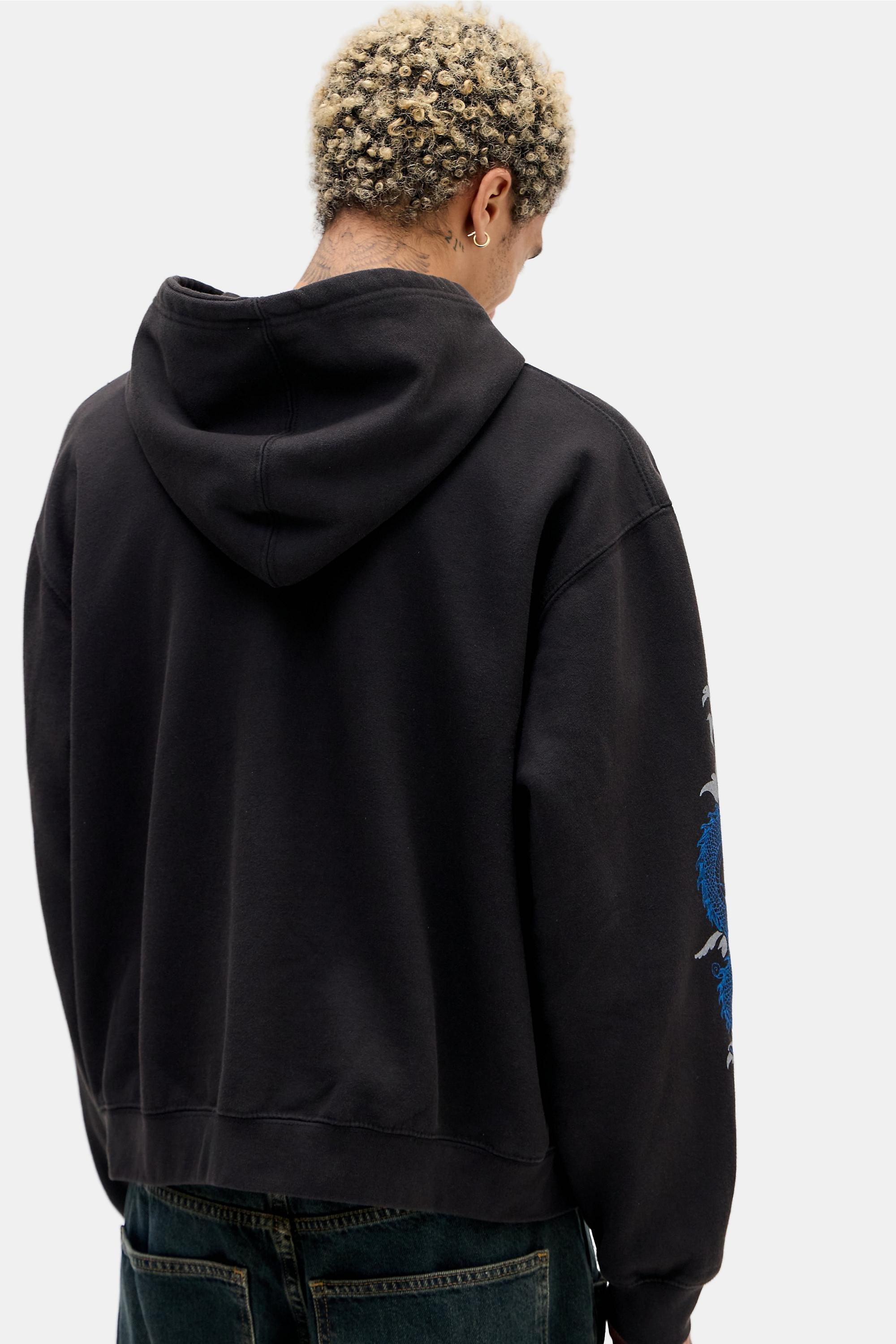 Black Uo Washed Black Dragon Zip-Through Hoodie, BLK, large image number 3