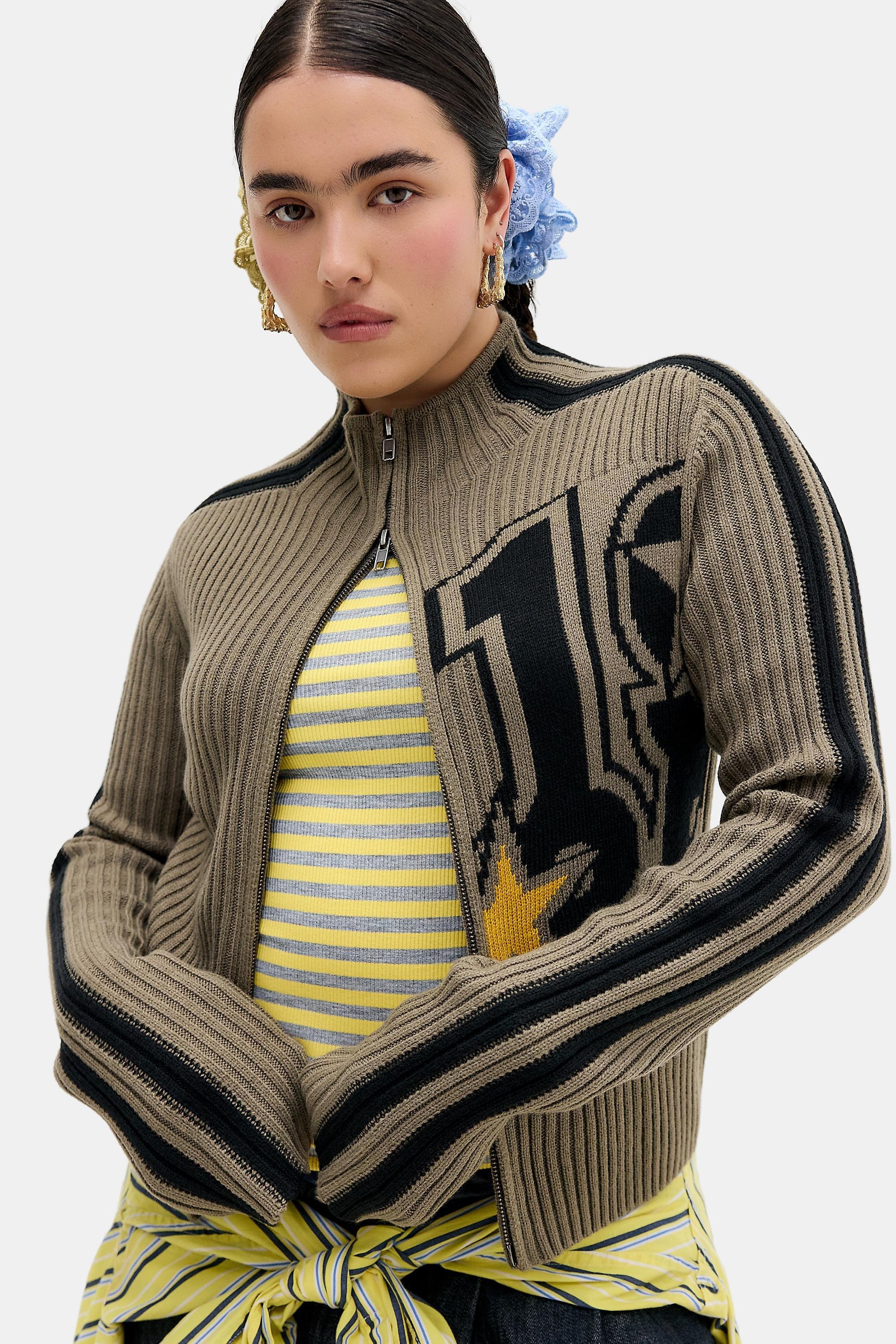 Khaki Jaded London Sprint Zip Through Rib Knit Track Top, KHAKI, large image number 4