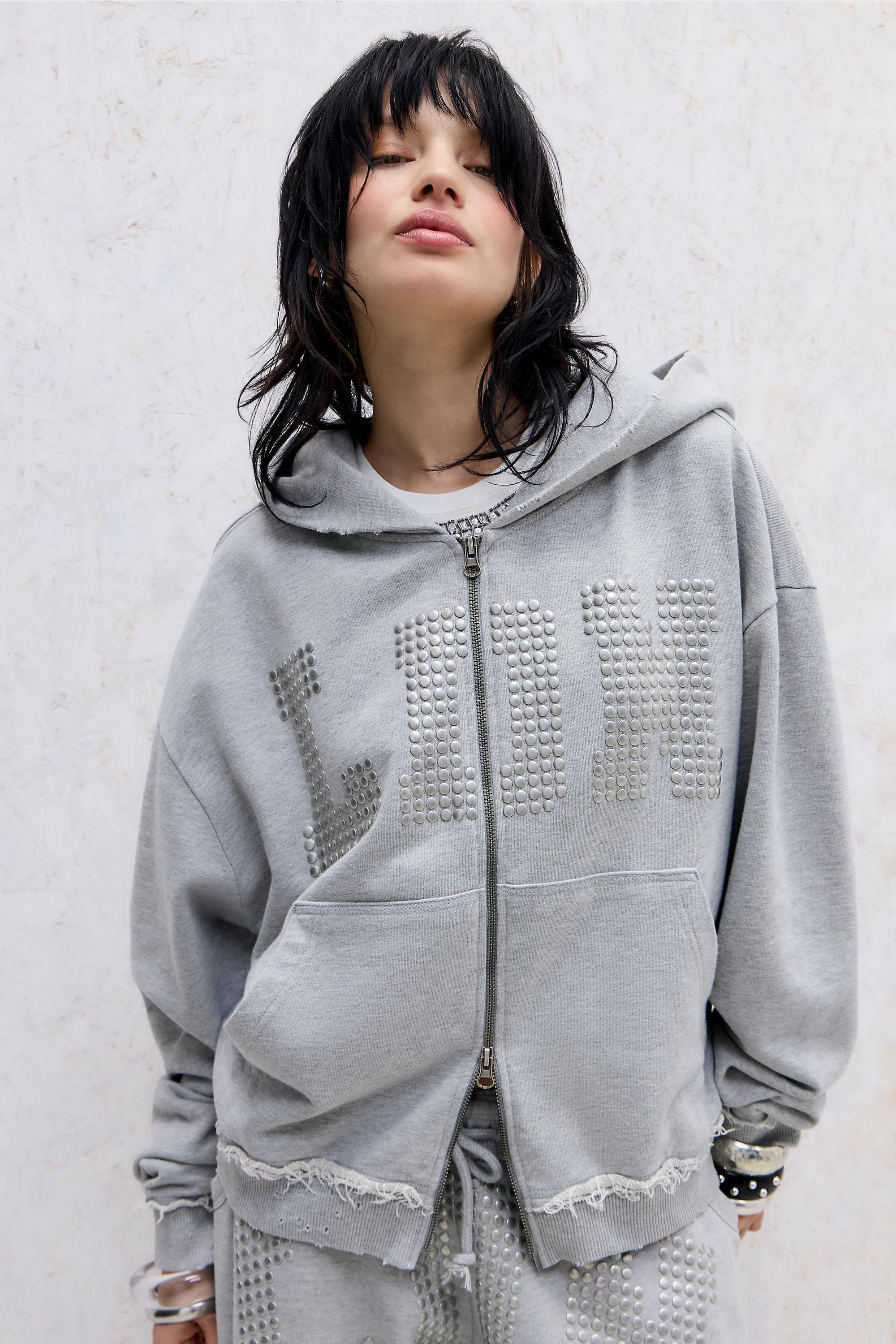 Grey Jaded London Ldn Stud Monster Hoodie, GREY, medium