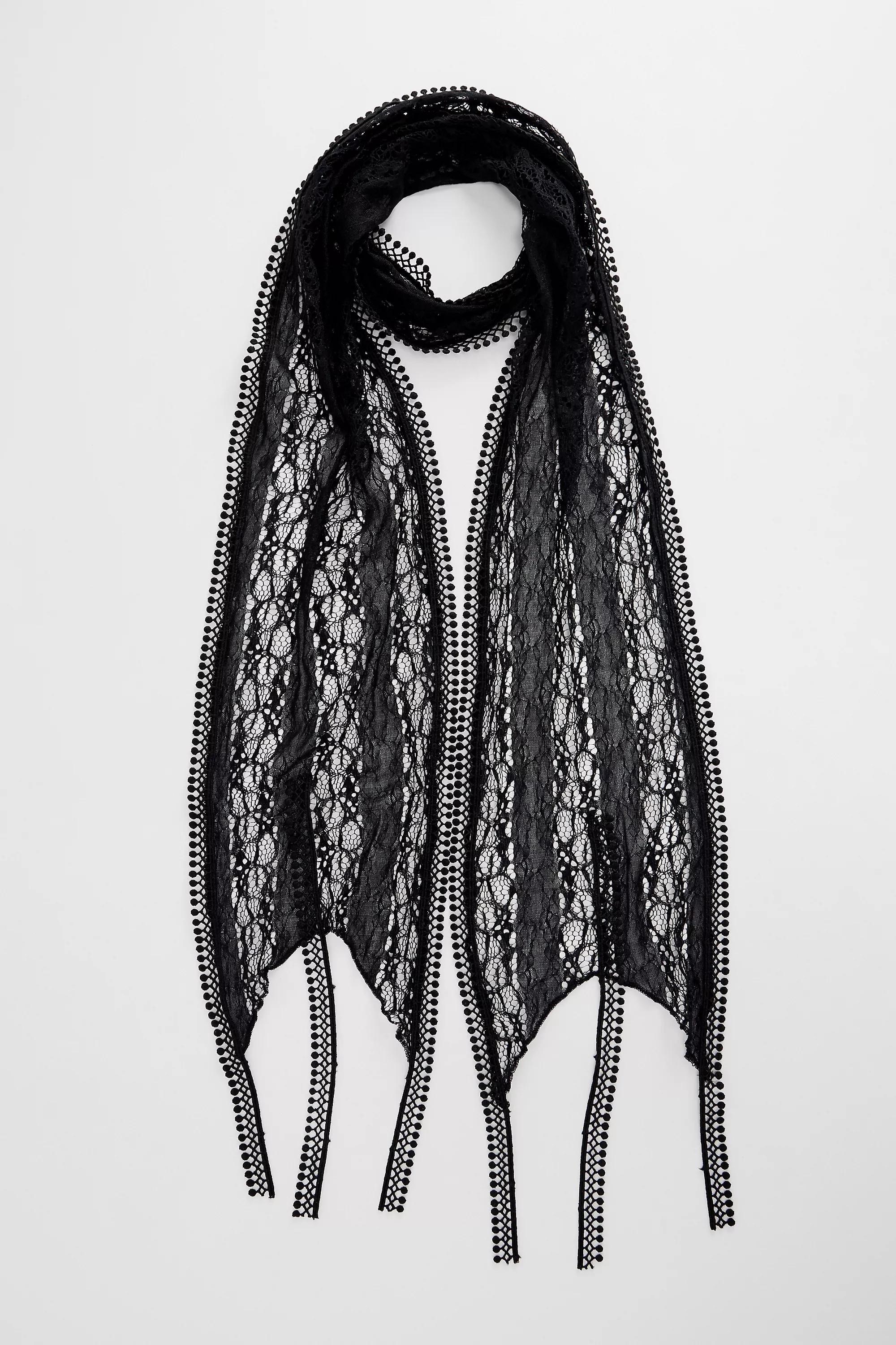 Black Uo Lace Tassle Skinny Scarf, BLK, medium