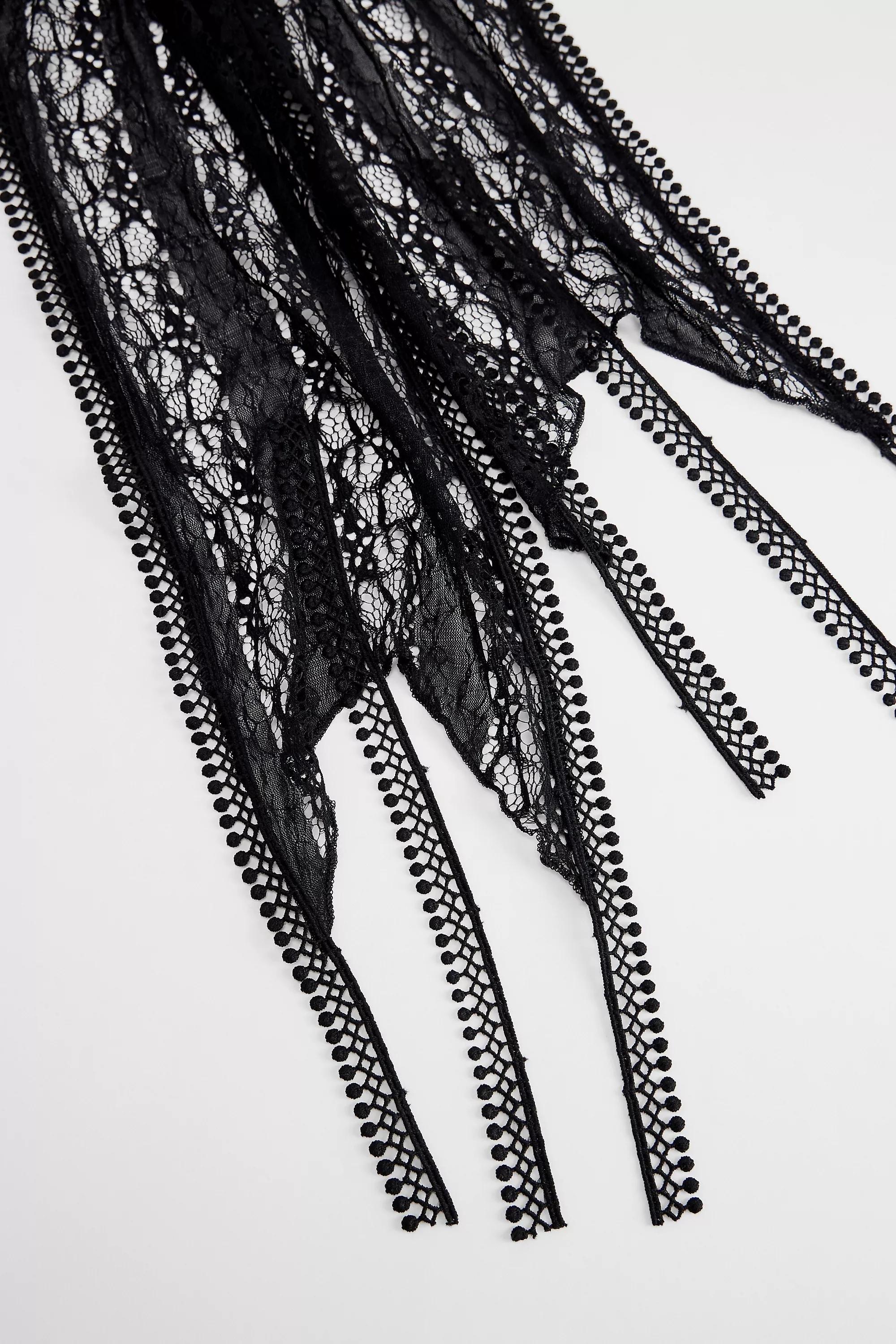Black Uo Lace Tassle Skinny Scarf, BLK, large image number 3