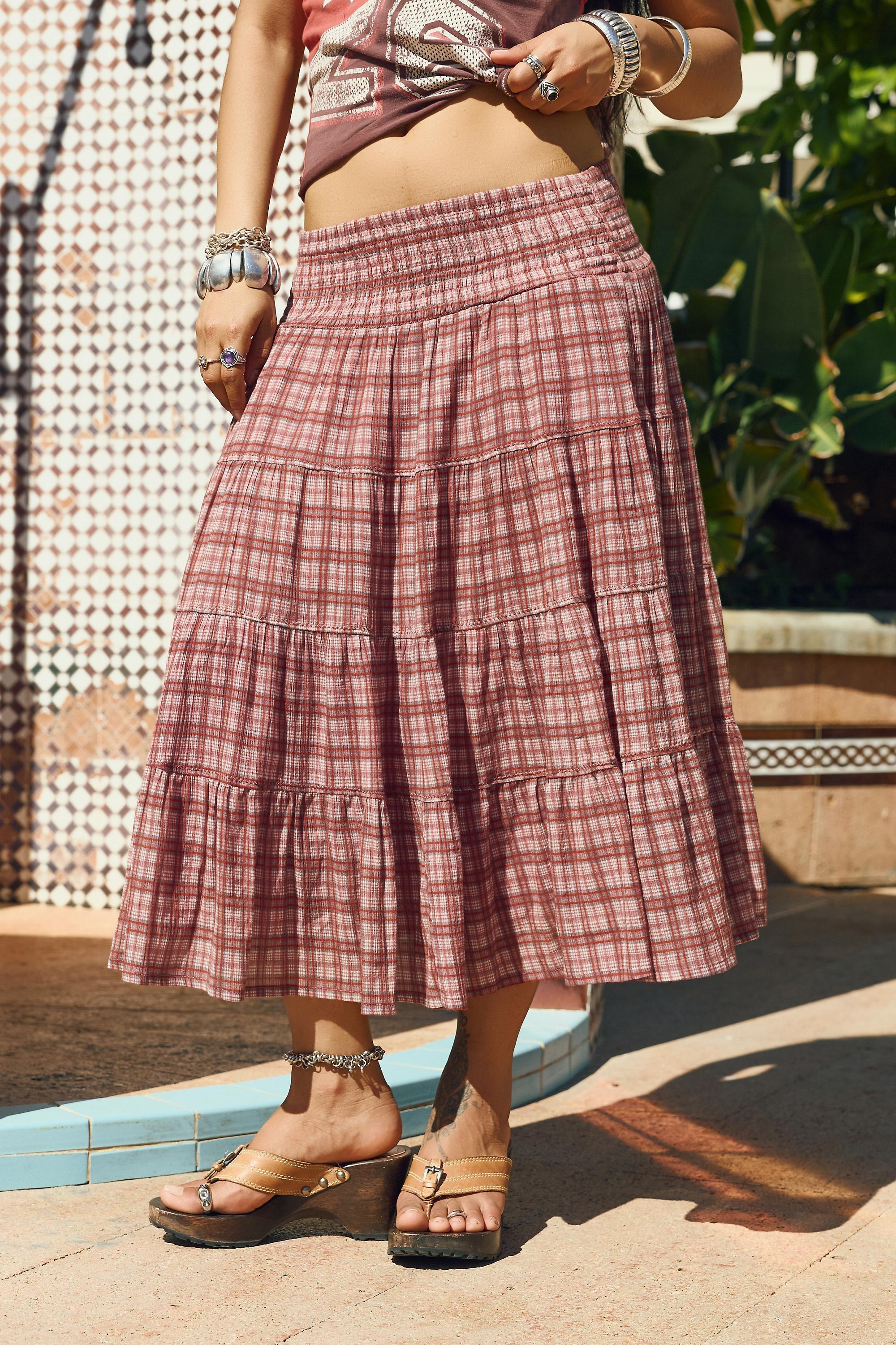 PINK Kimchi Blue Bea Crinkle Check Midi Skirt, PINK, medium