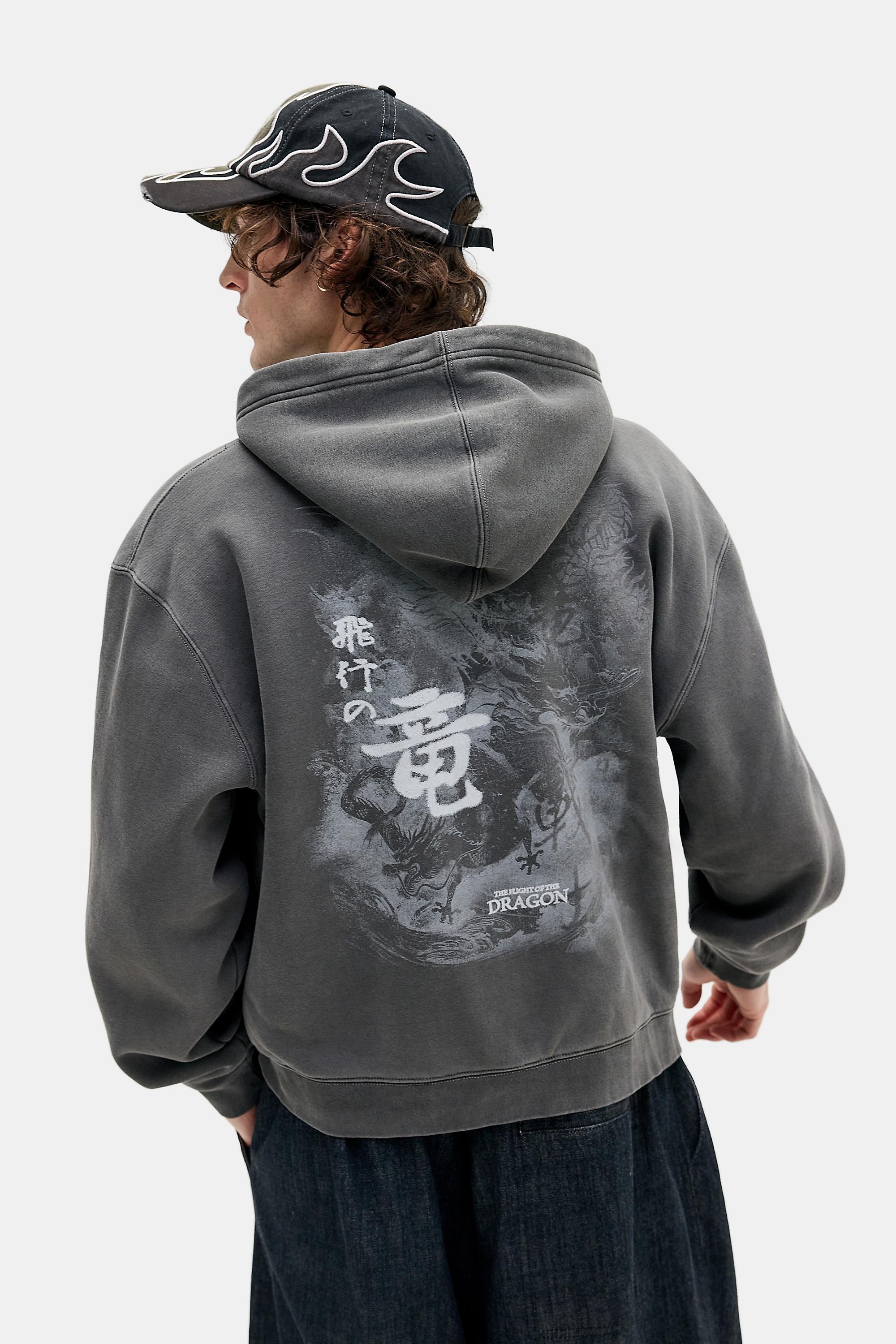 Black Uo Grunge Dragon Zip-Through Hoodie, BLK, large image number 0