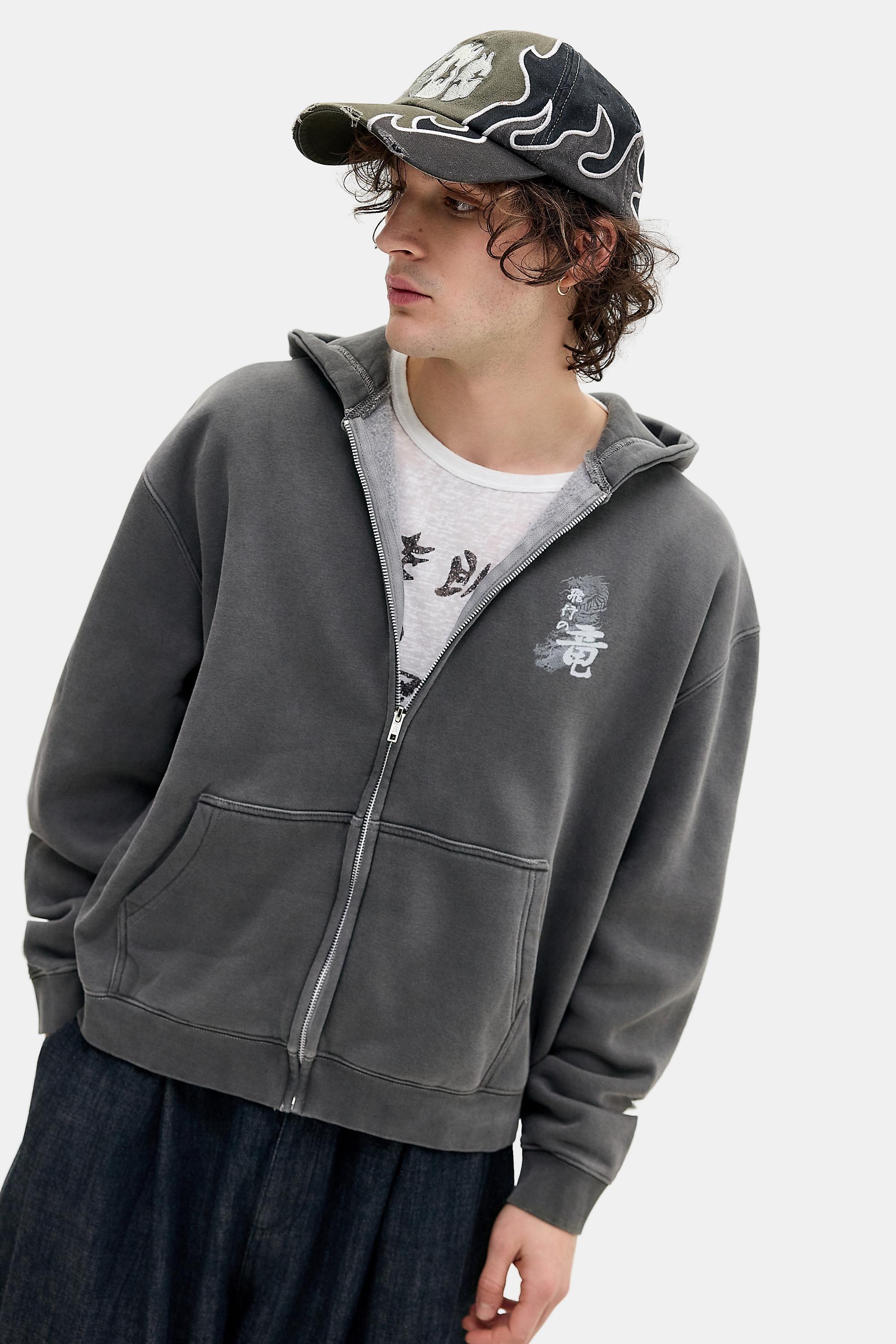 Black Uo Grunge Dragon Zip-Through Hoodie, BLK, large image number 3