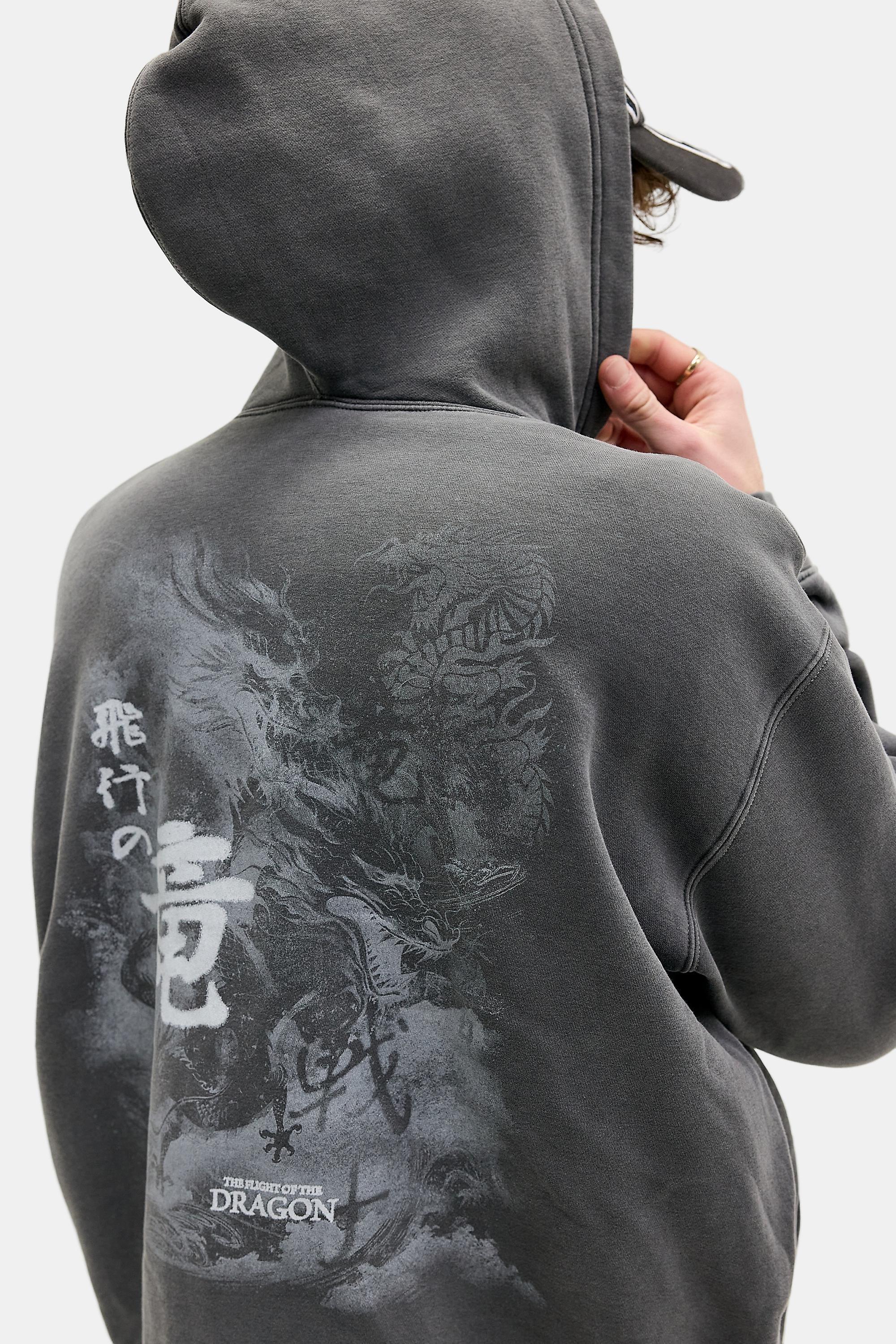 Black Uo Grunge Dragon Zip-Through Hoodie, BLK, large image number 4