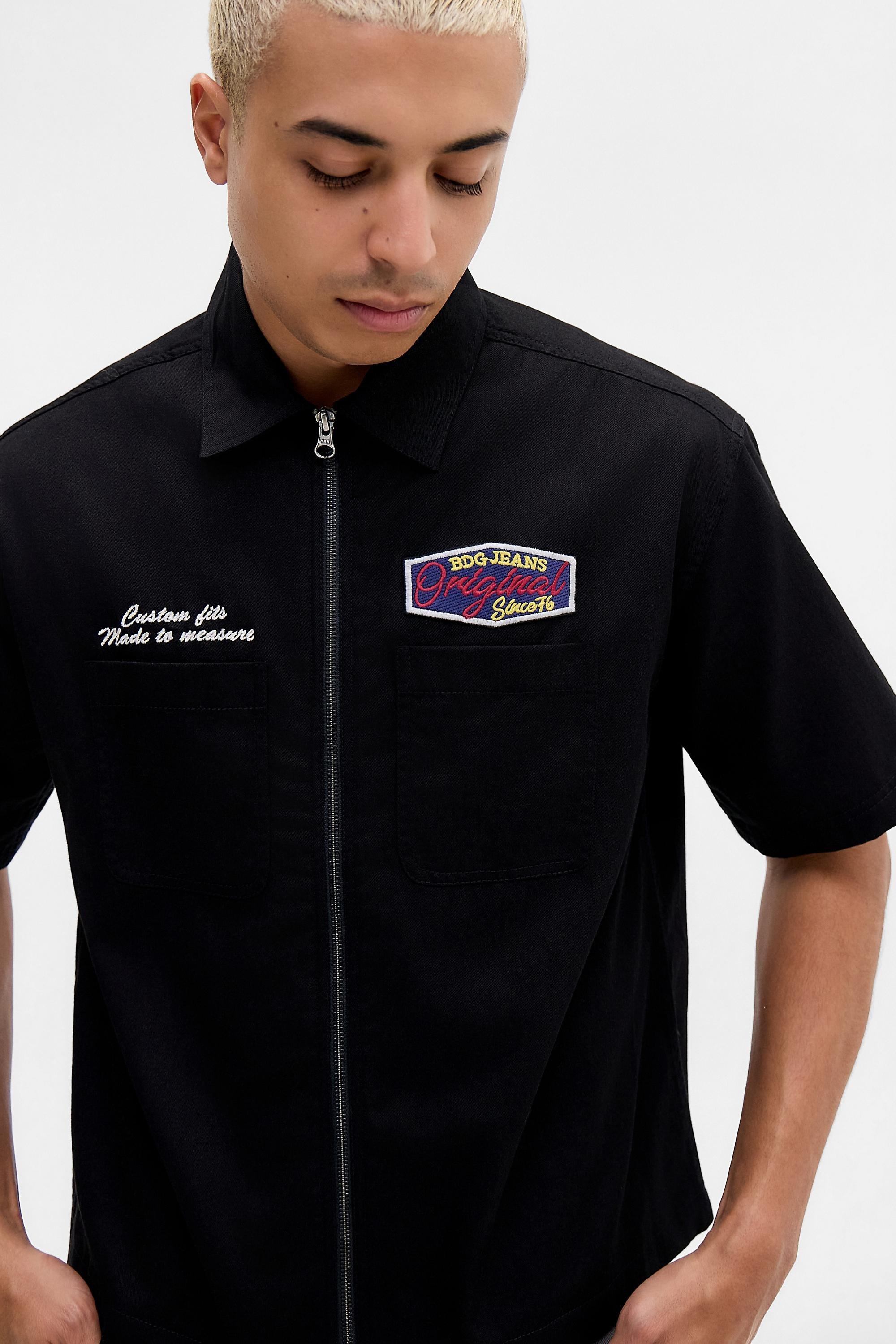 Black Bdg Black Zip-Through Short Sleeve Mechanic Shirt, BLK, medium