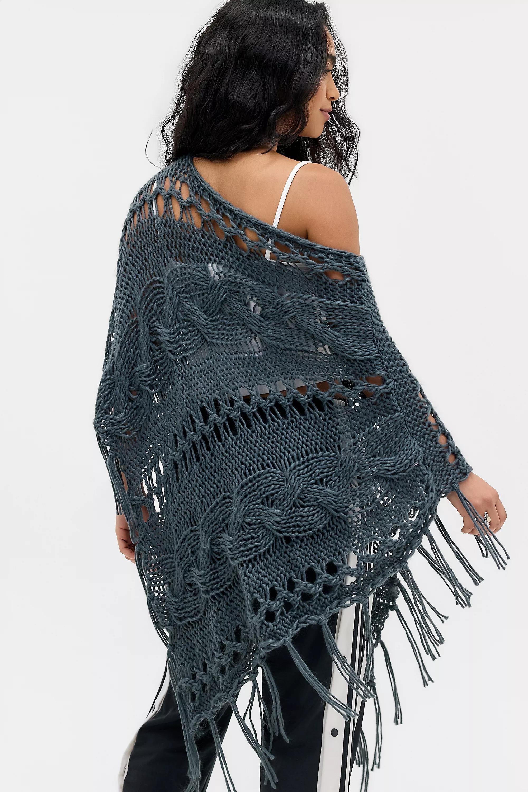 Grey Uo Cable Knit Asymmetric Poncho, D GR, large image number 3