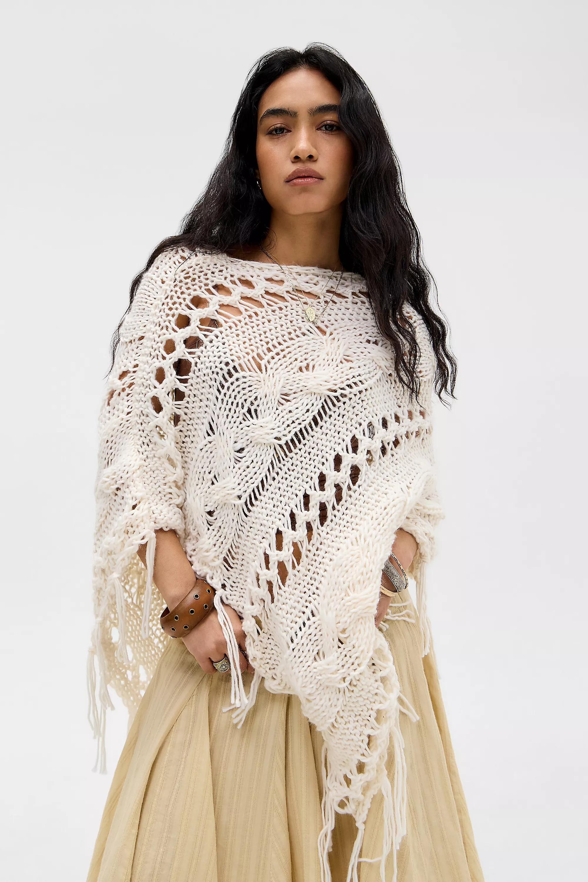 White Uo Cable Knit Asymmetric Poncho, CREME, large image number 0
