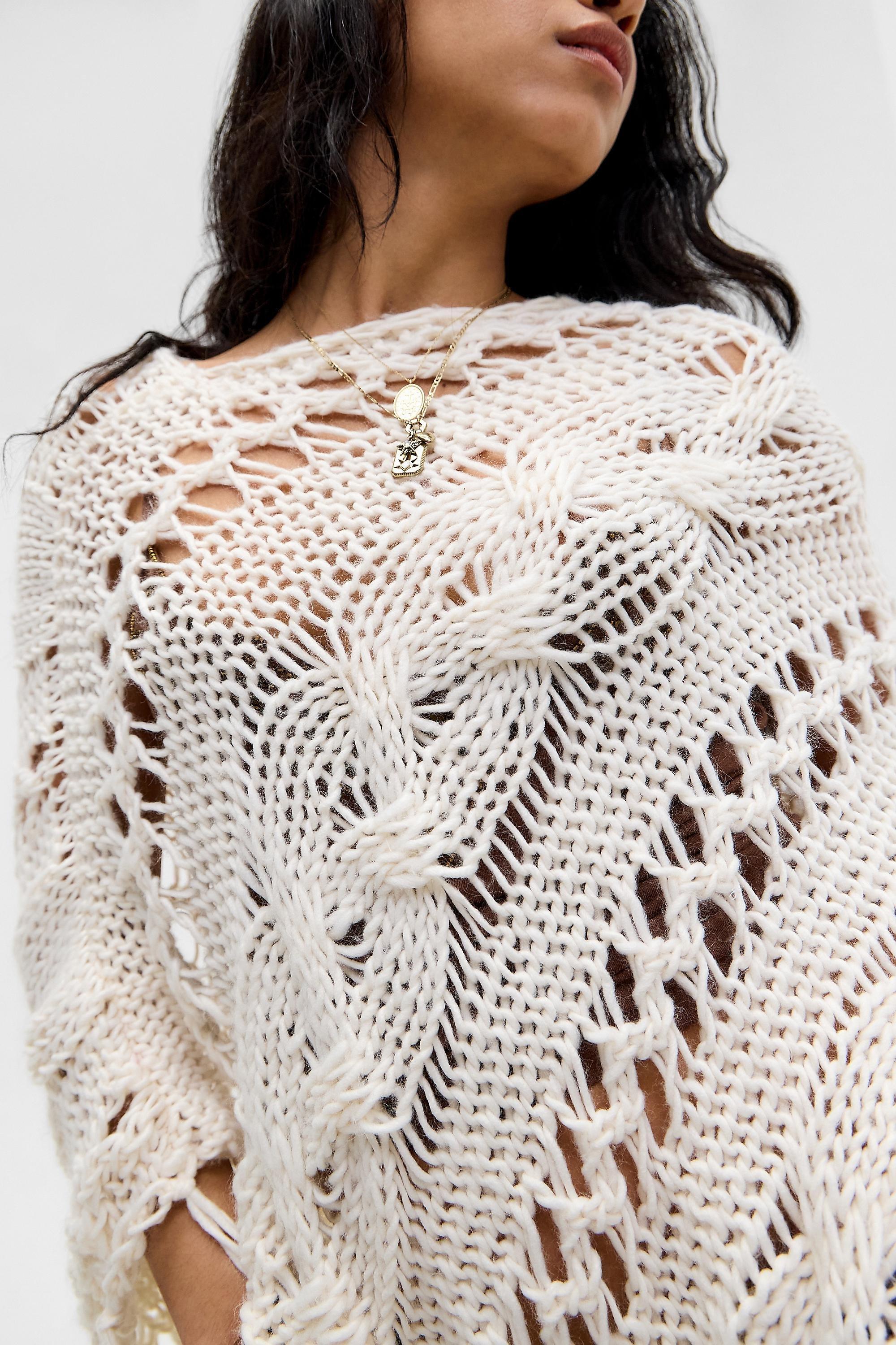 White Uo Cable Knit Asymmetric Poncho, CREME, large image number 2