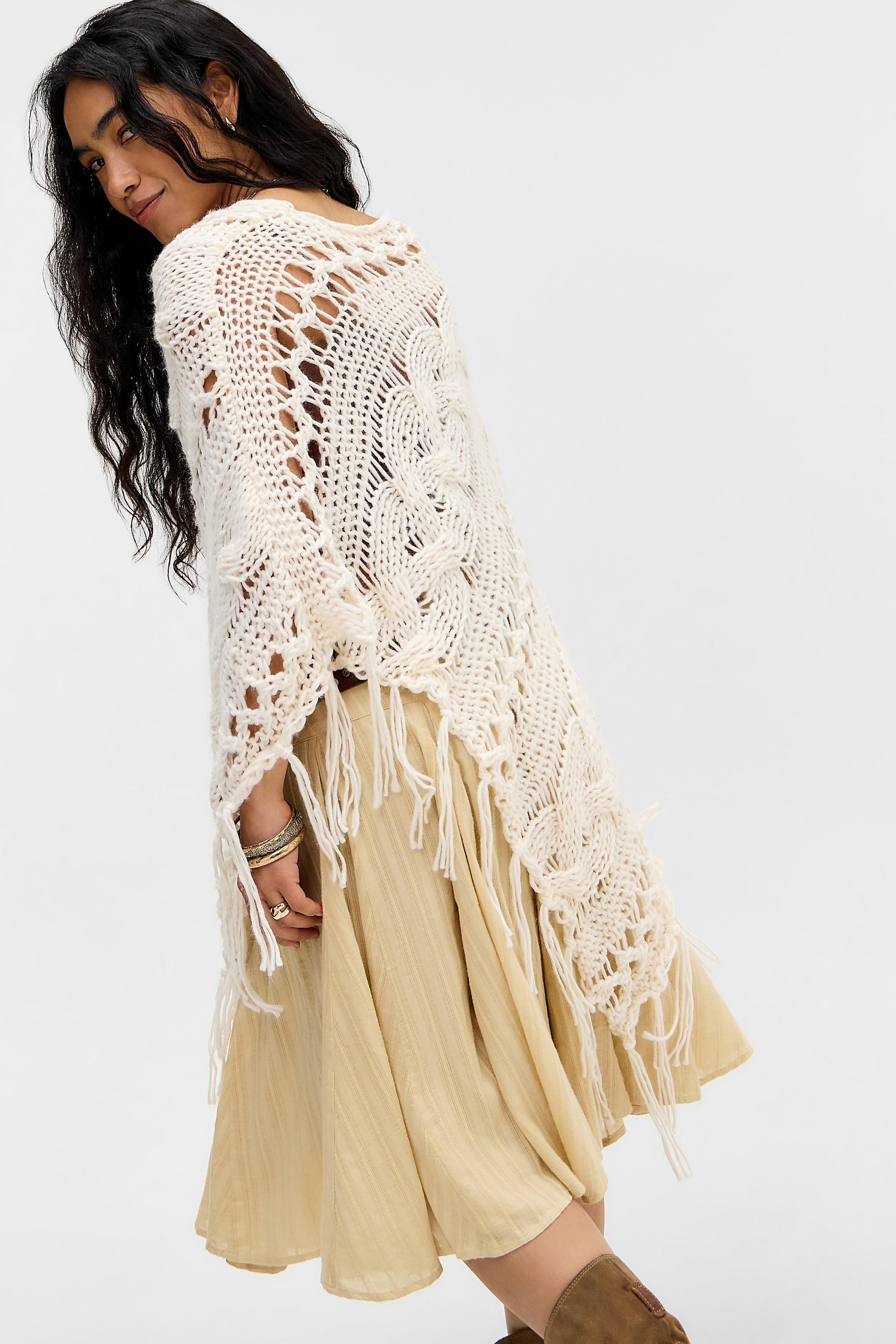 White Uo Cable Knit Asymmetric Poncho, CREME, large image number 3