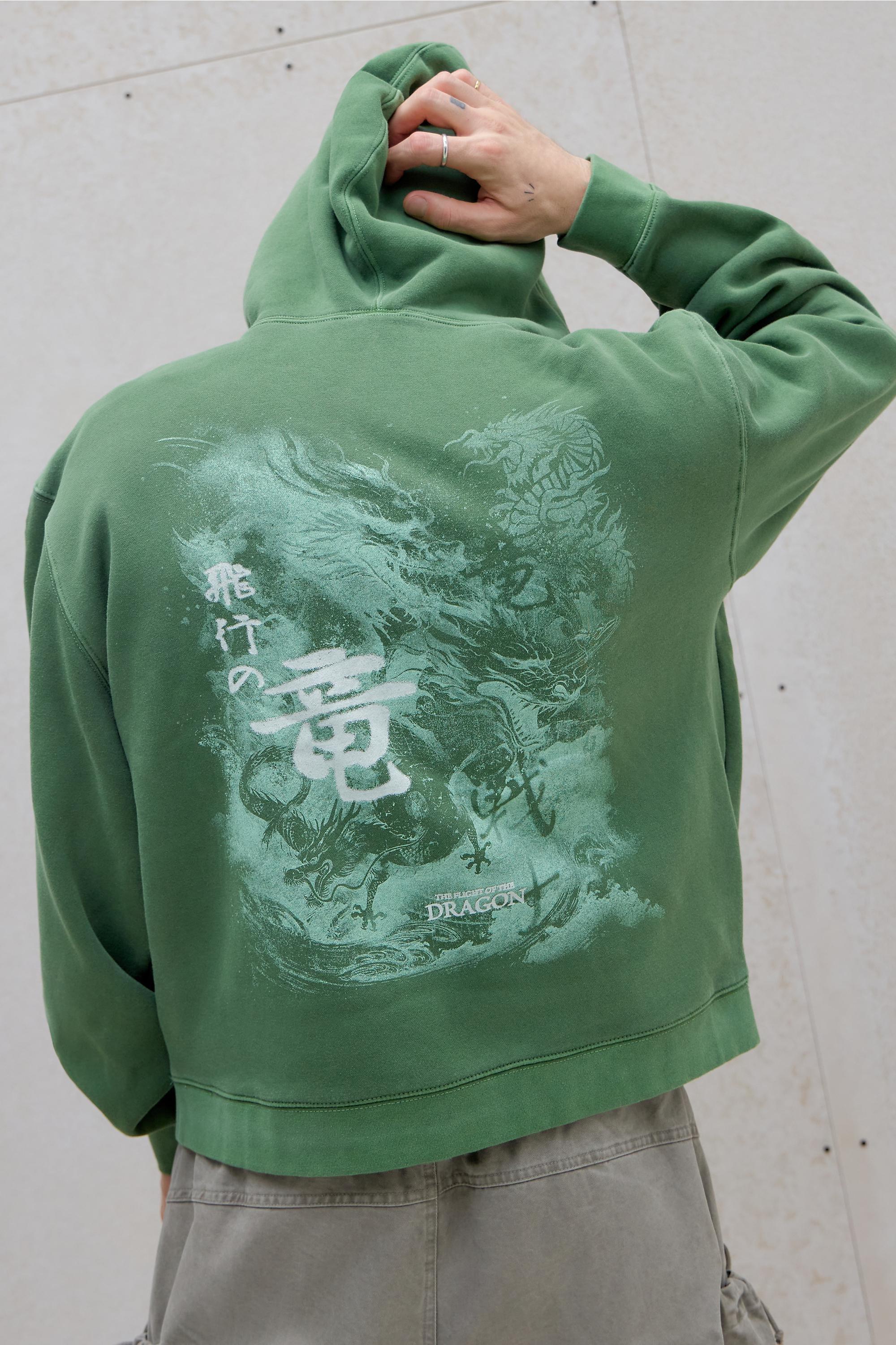 Green Uo Grunge Dragon Zip Hoodie, GRN, medium