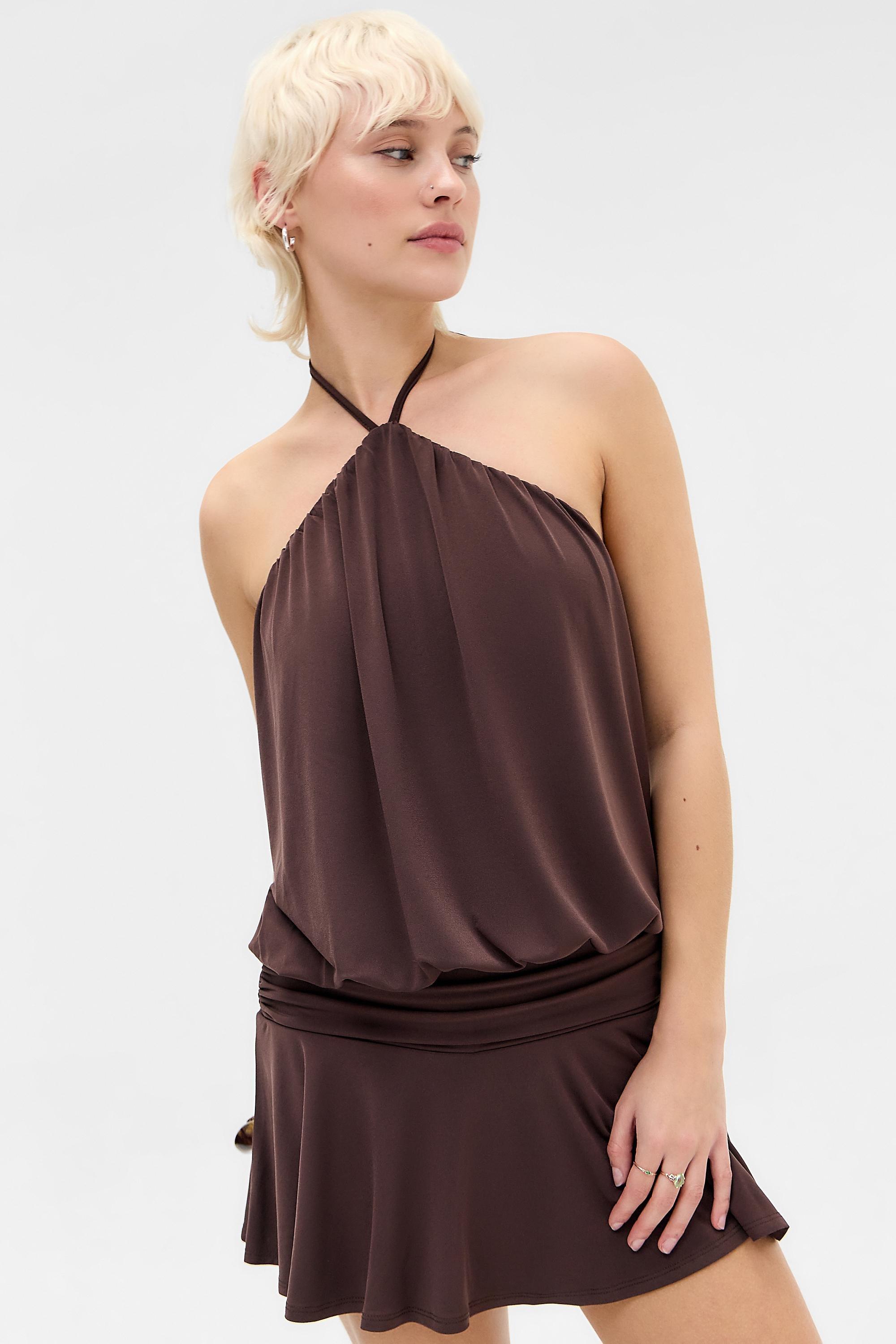 Brown Silence + Noise Livvy Slinky Halter Skort Dress, BRN, medium