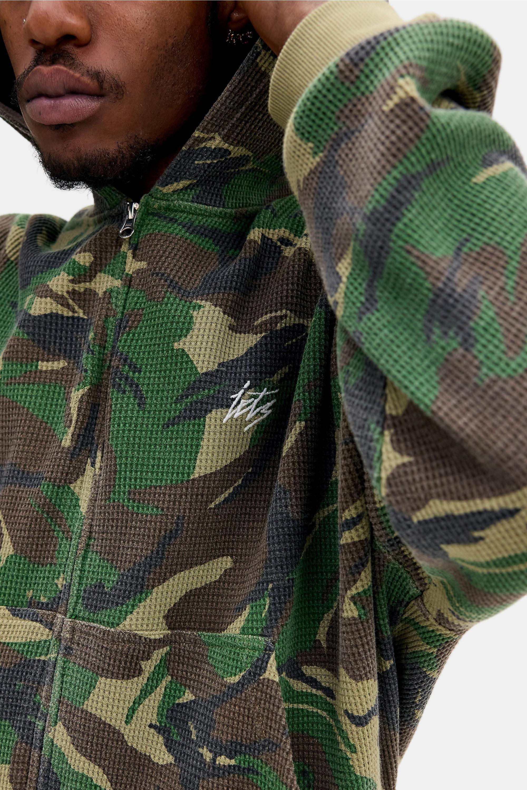 Green iets frans... Camo Zip-Through Waffle Hoodie, D GREEN, medium