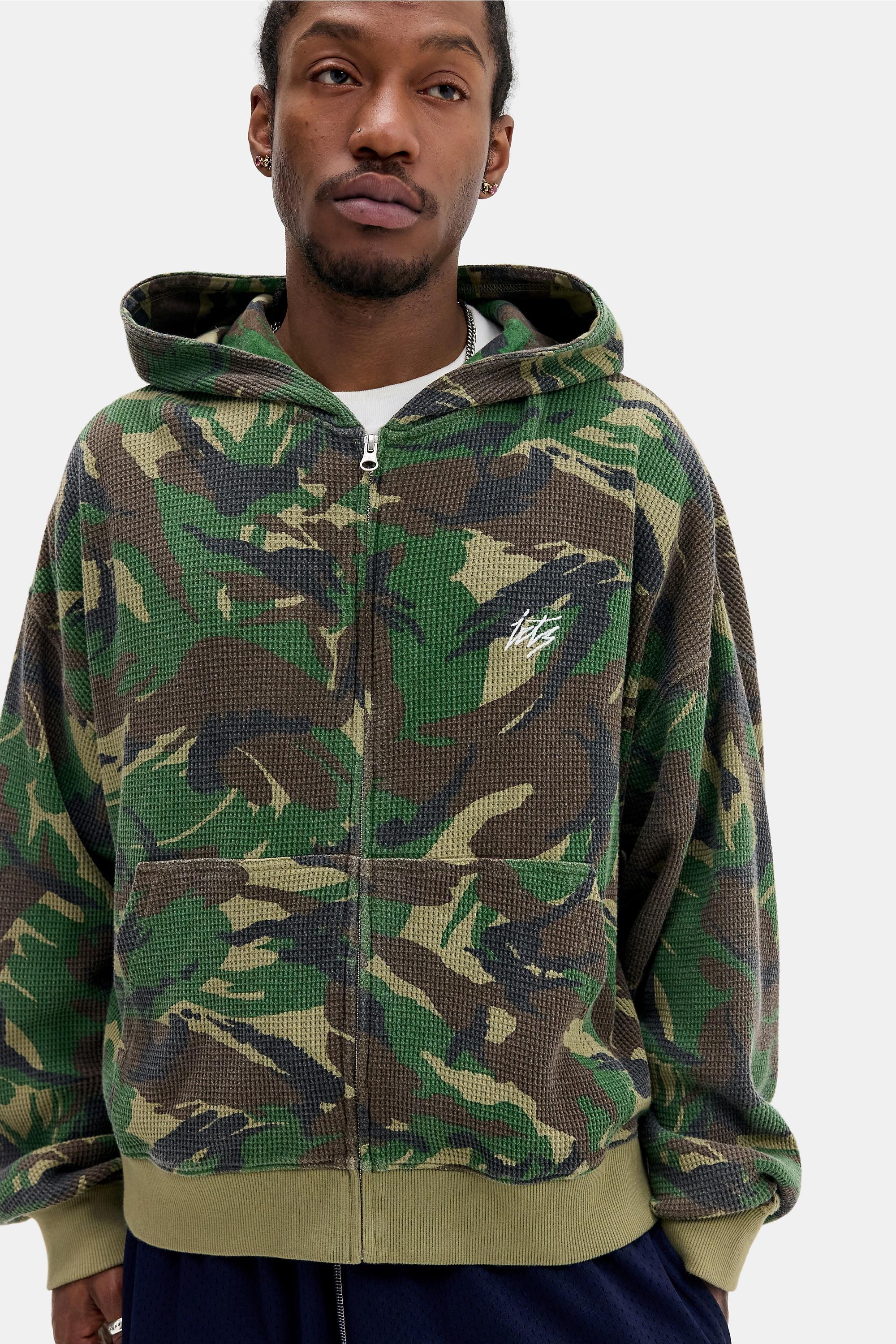 Green iets frans... Camo Zip-Through Waffle Hoodie, D GREEN, medium