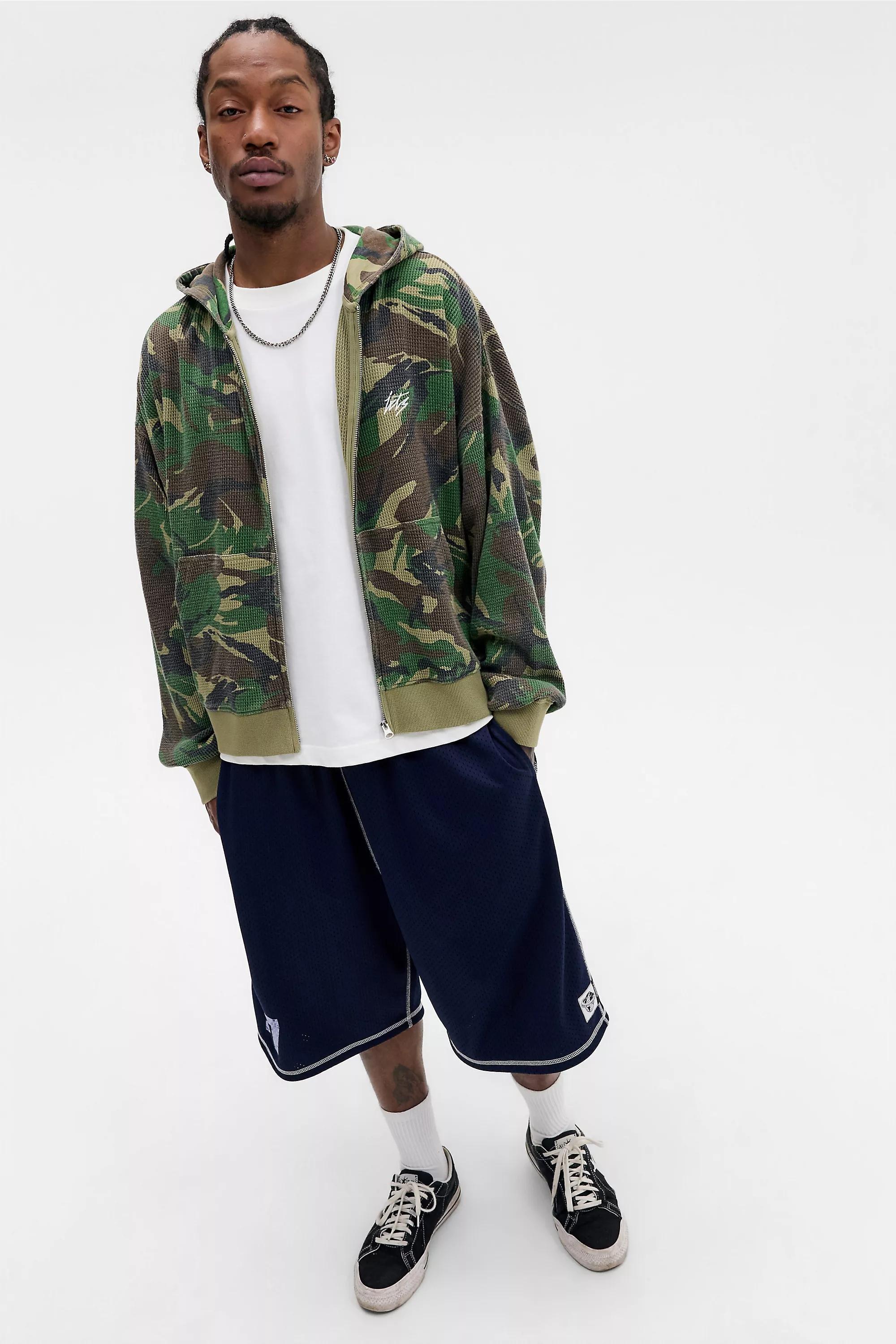Green iets frans... Camo Zip-Through Waffle Hoodie, D GREEN, medium