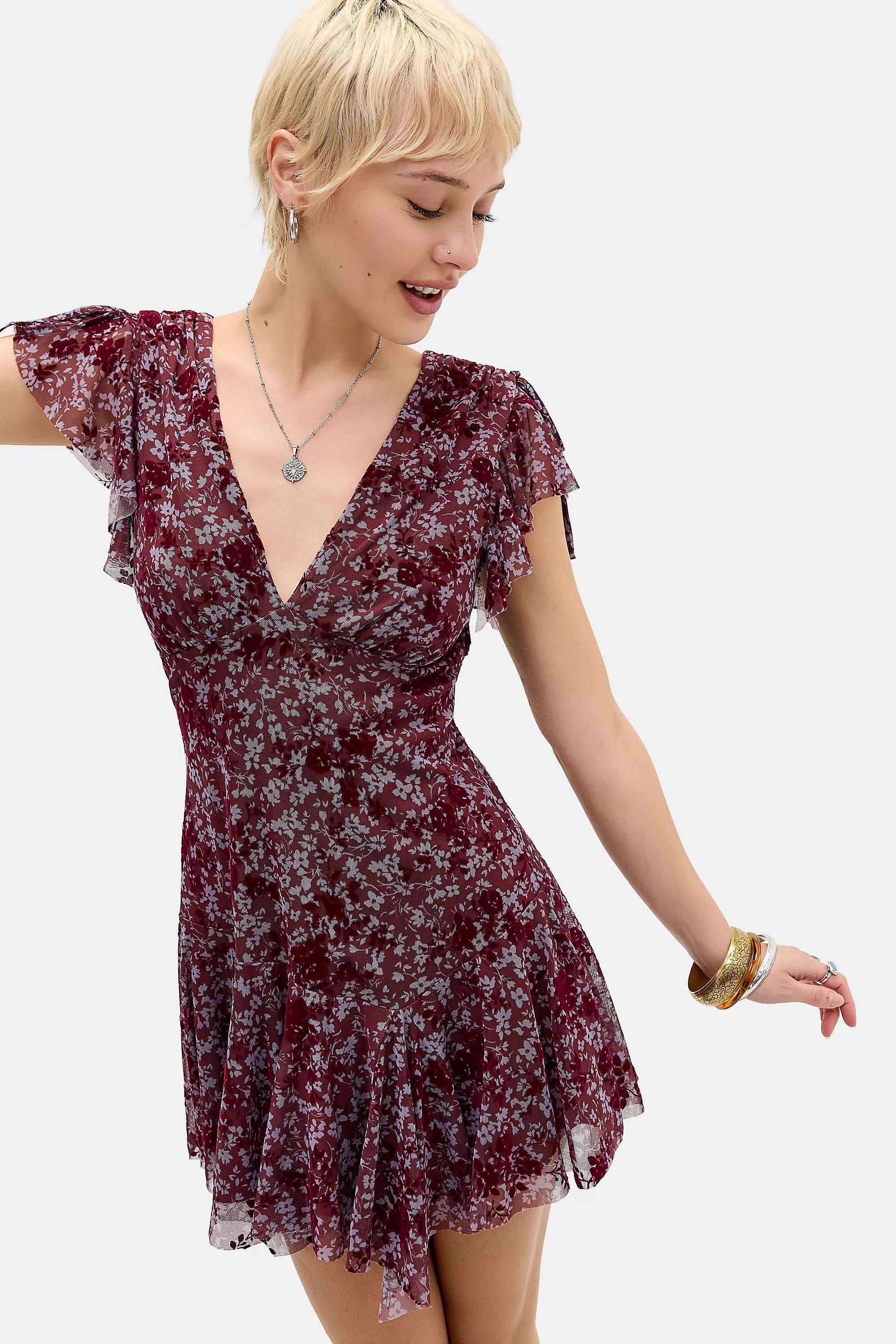 Red Kimchi Blue Naomi Flocked Tea Dress, WINE, large image number 0