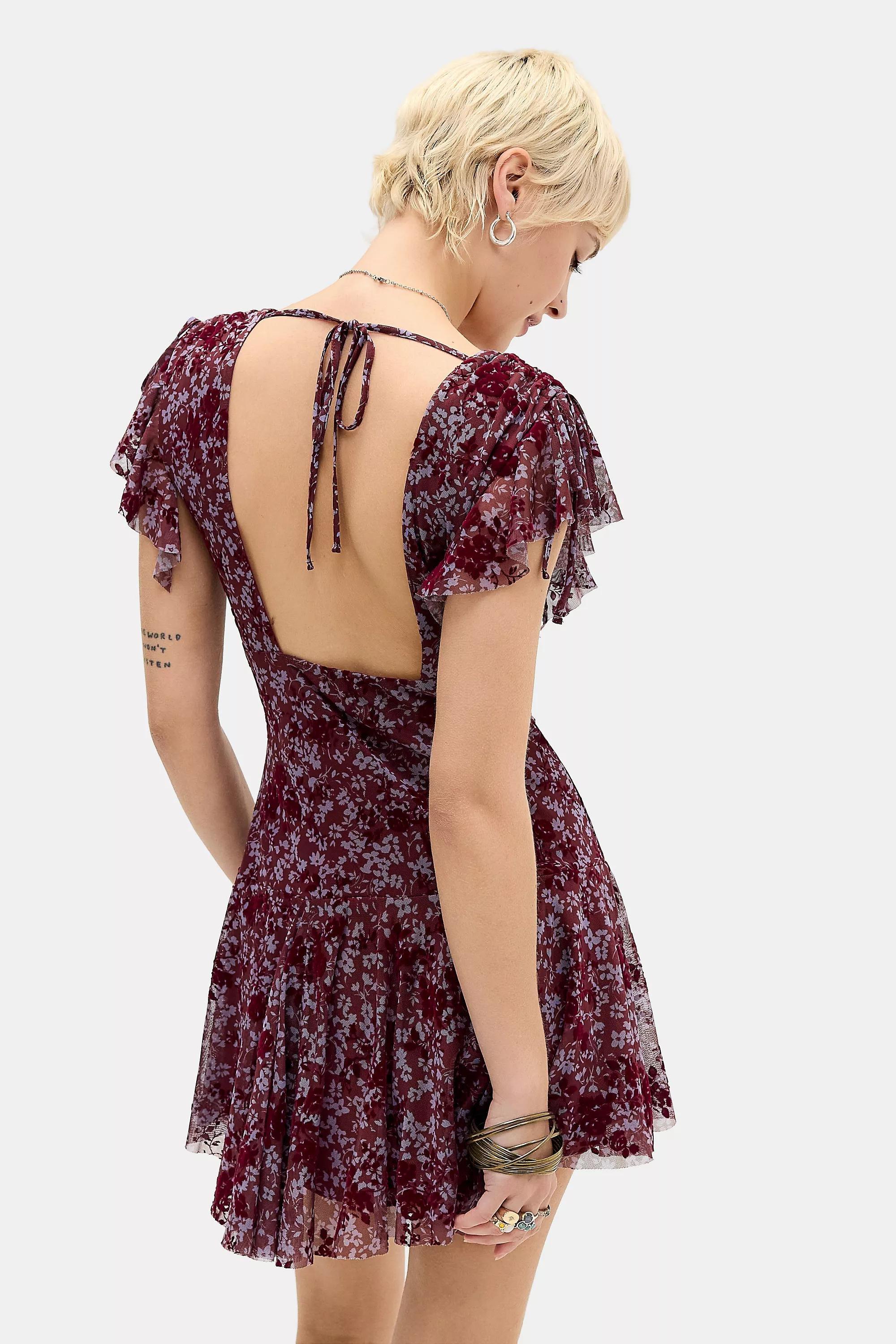 Red Kimchi Blue Naomi Flocked Tea Dress, WINE, large image number 5
