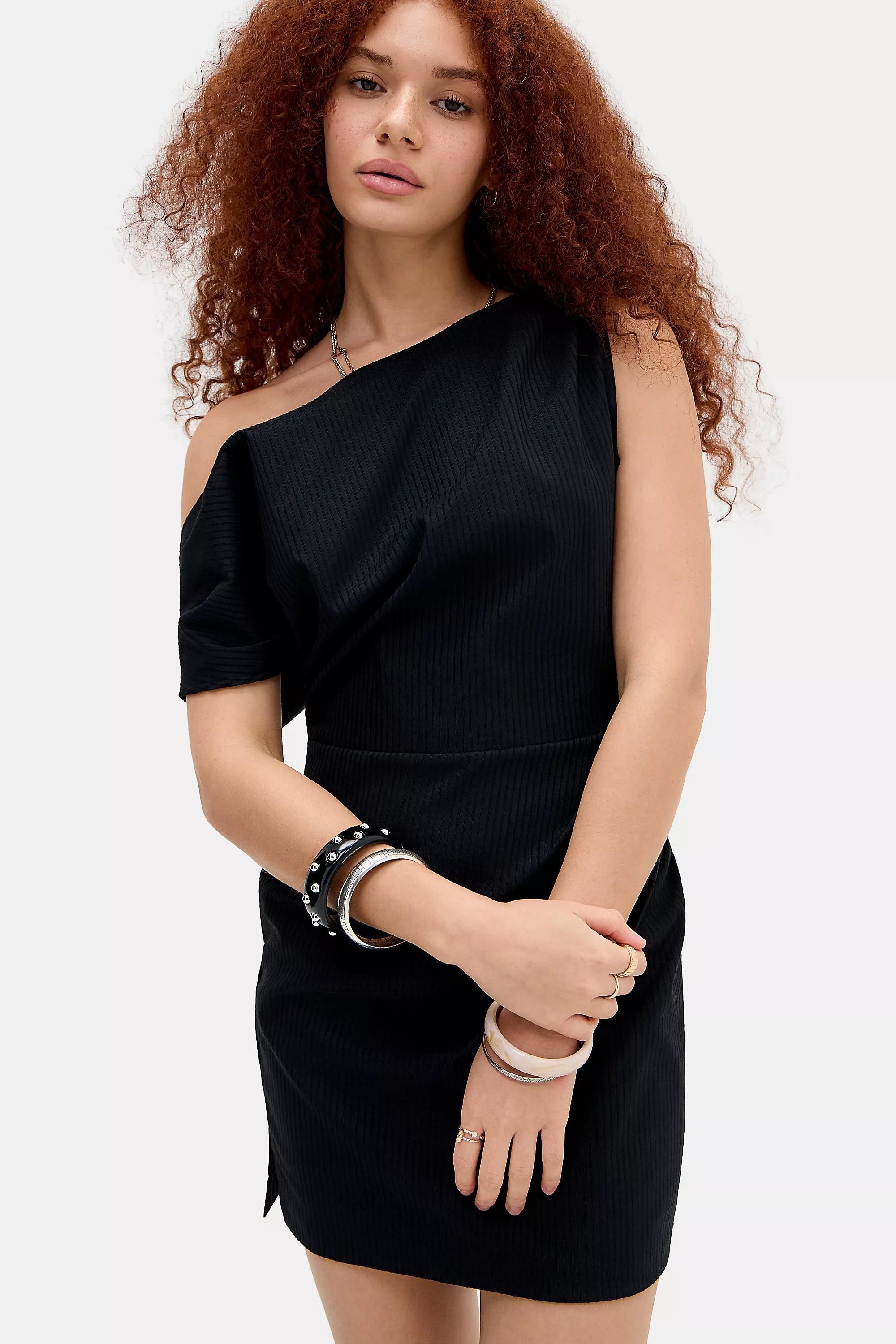 Black Uo Ribbed Bengaline Drape Mini Dress, BLK, large image number 0