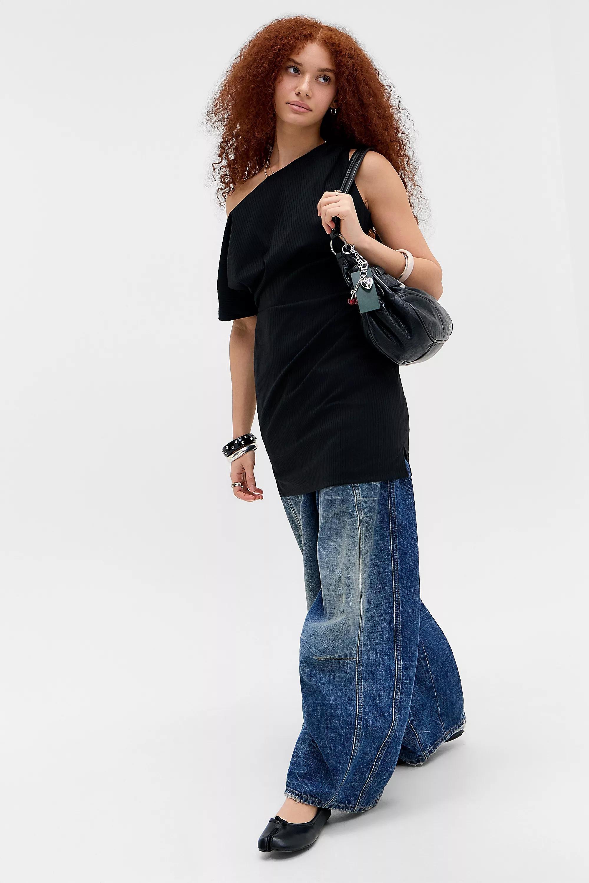 Black Uo Ribbed Bengaline Drape Mini Dress, BLK, medium