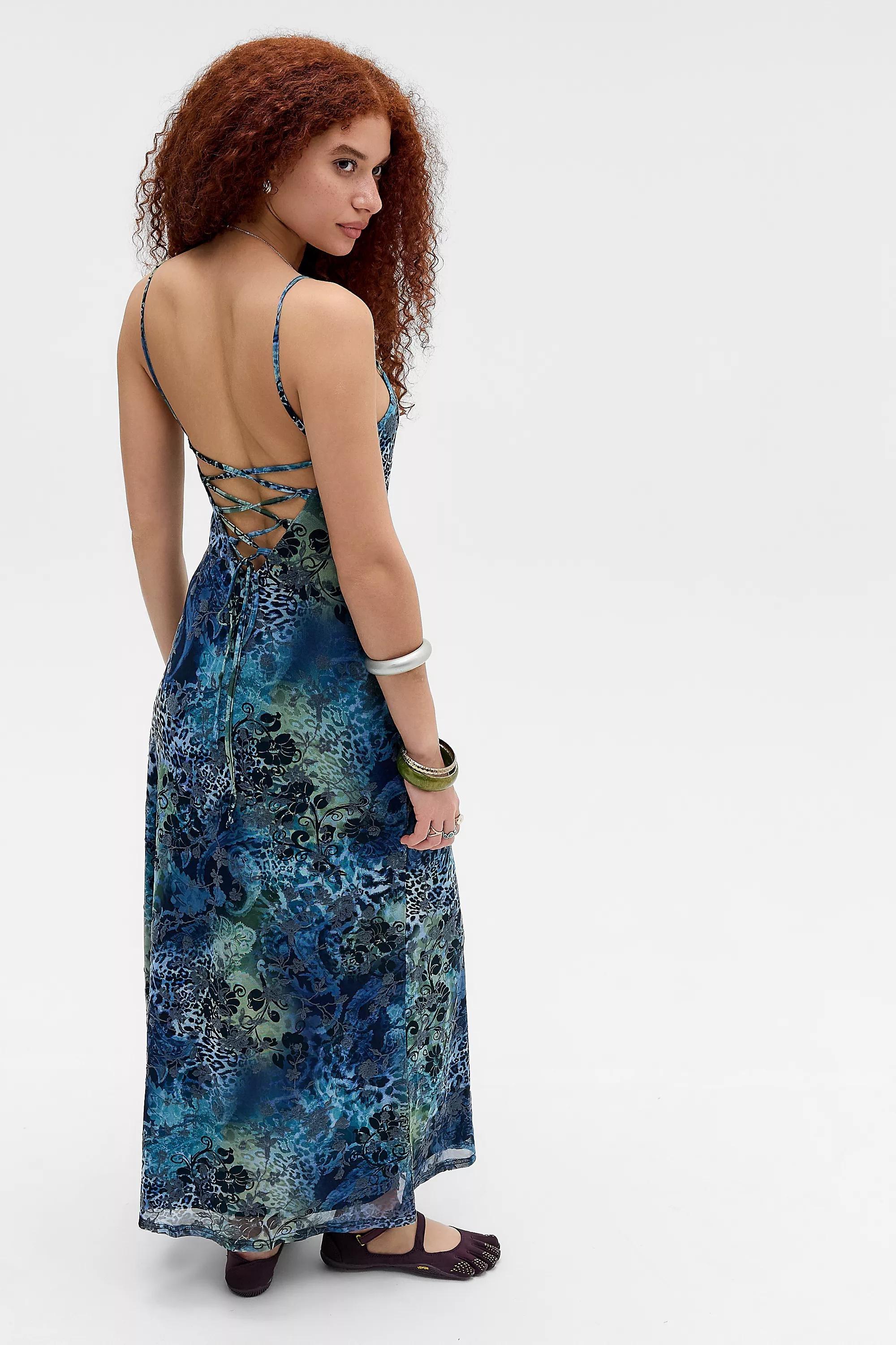 BLUE PATTERN UO Flocked Mesh Maxi Dress, BL MOTIF, large image number 3