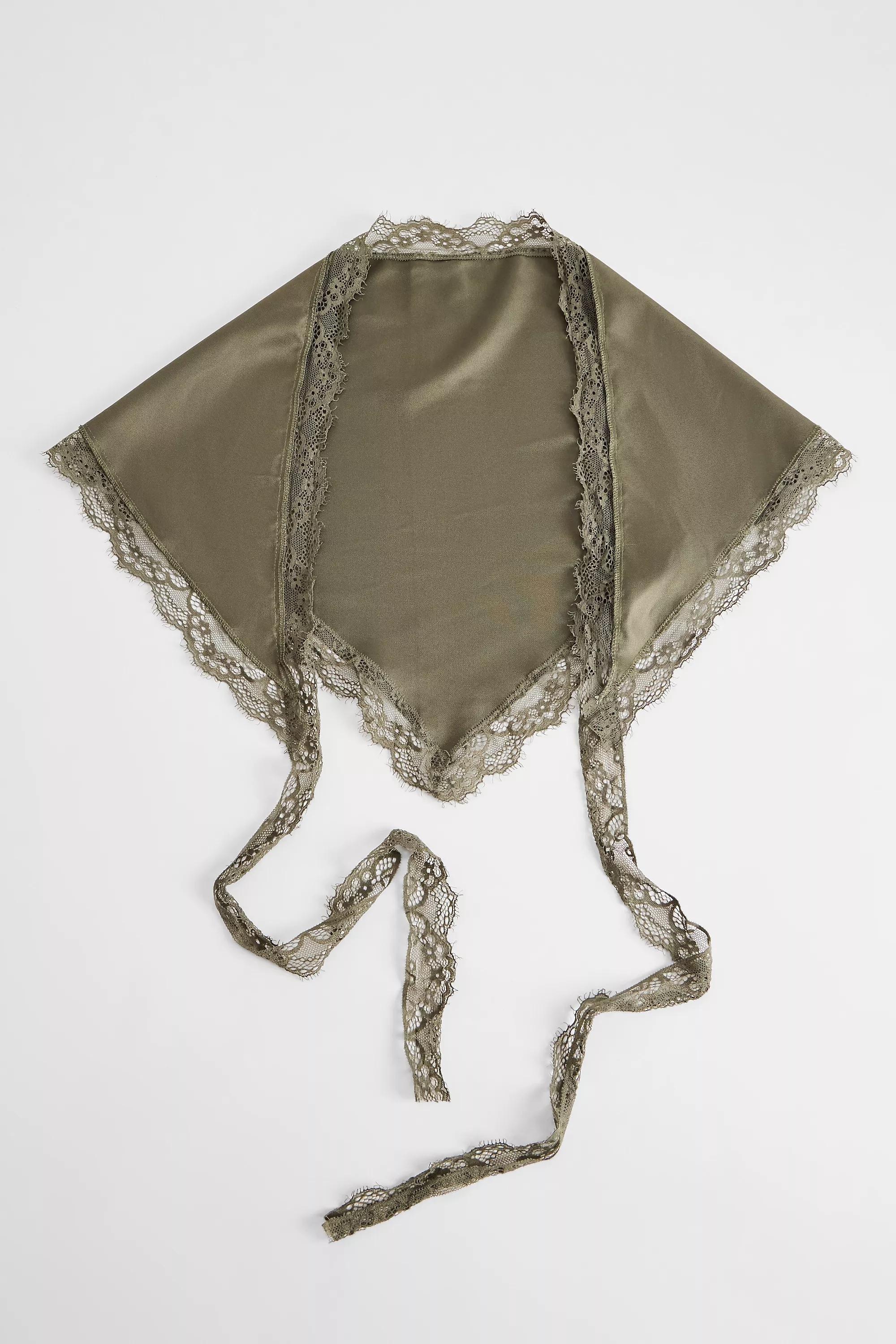 Green Uo Triangle Lace Trim Satin Scarf, KHAKI, large image number 1