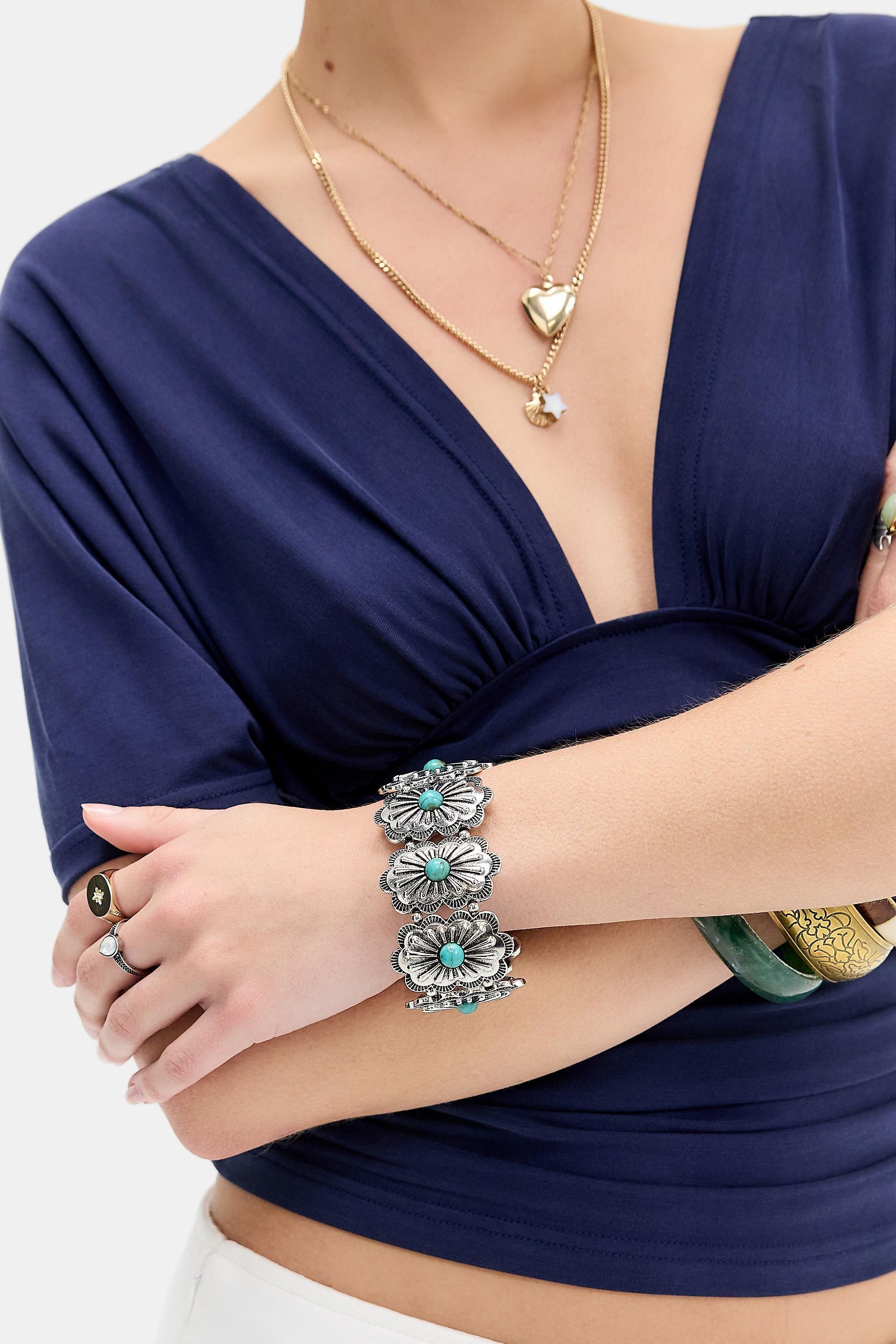 Silver Silence + Noise Turquoiseuoise Stretch Bangle, SLVR, large image number 1