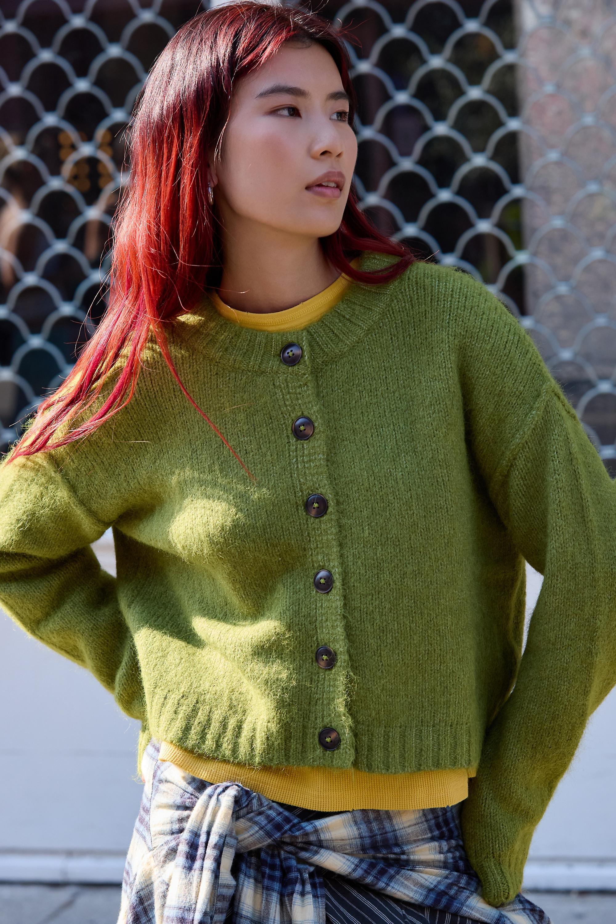 UO Hudson Cardigan, Green, OLIVE, medium