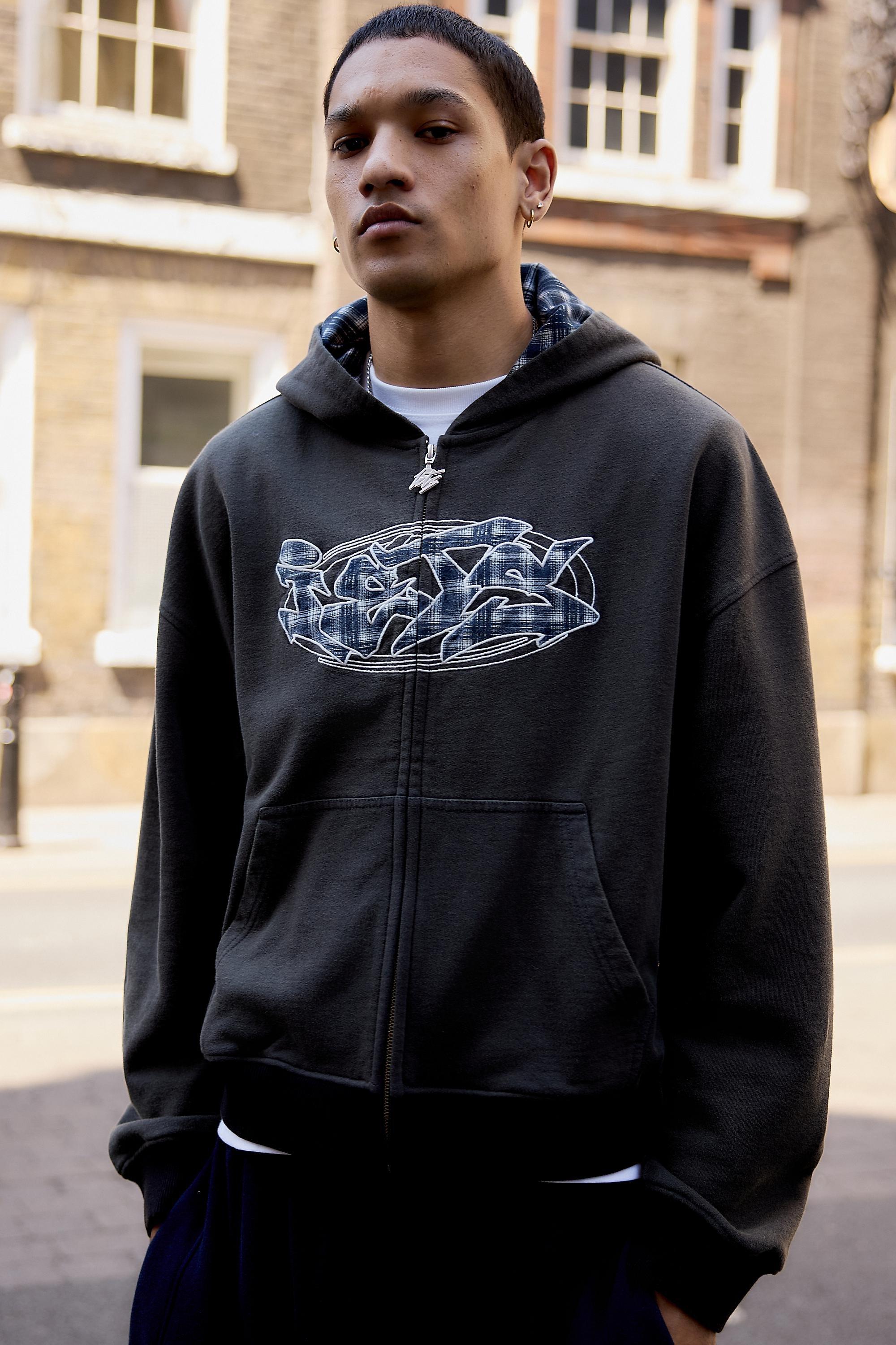 Black iets frans... Washed Black Check Appliquأ&cedil;آ&pound;أ&sbquo;آ&copy; Zip-Through Hoodie, BLK, large image number 0